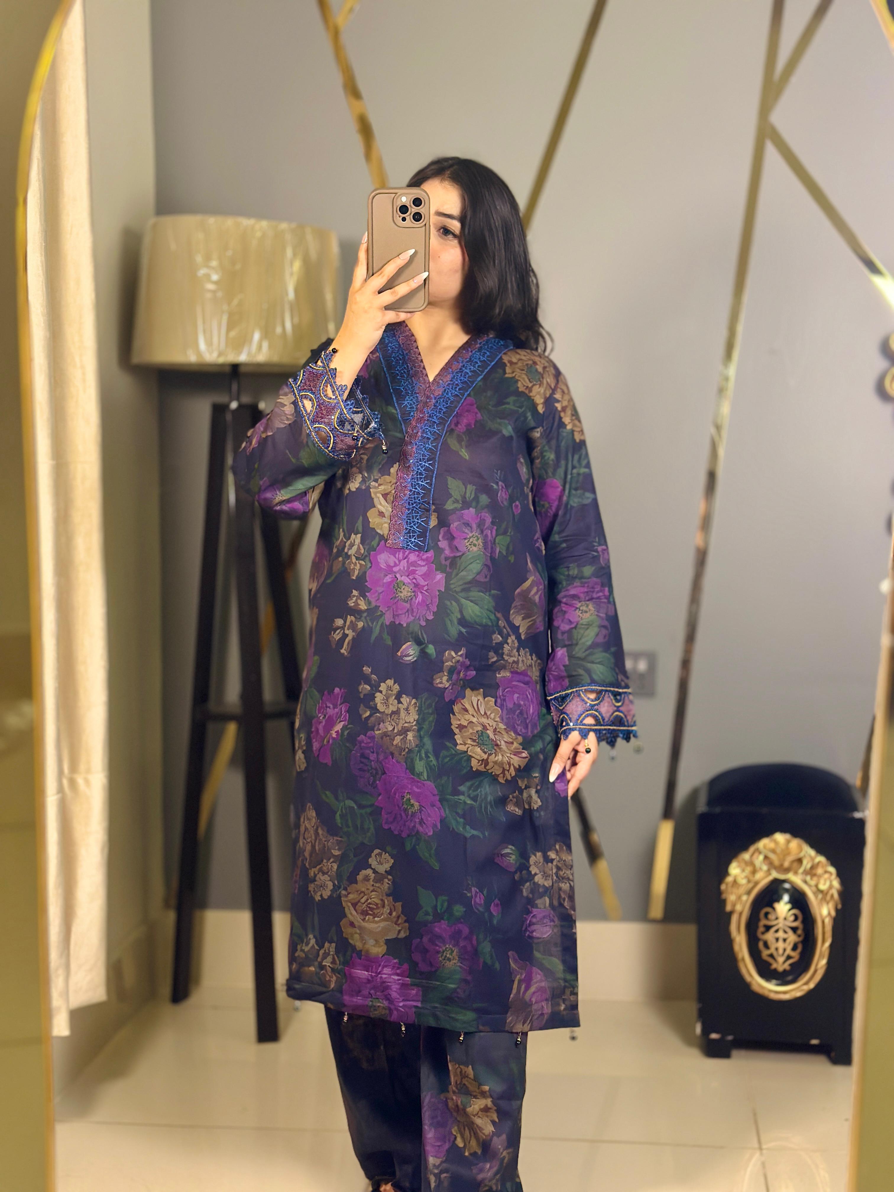 Deep Violet Floral Embroidered 3-Piece Suit with Chiffon Printed Dupatta