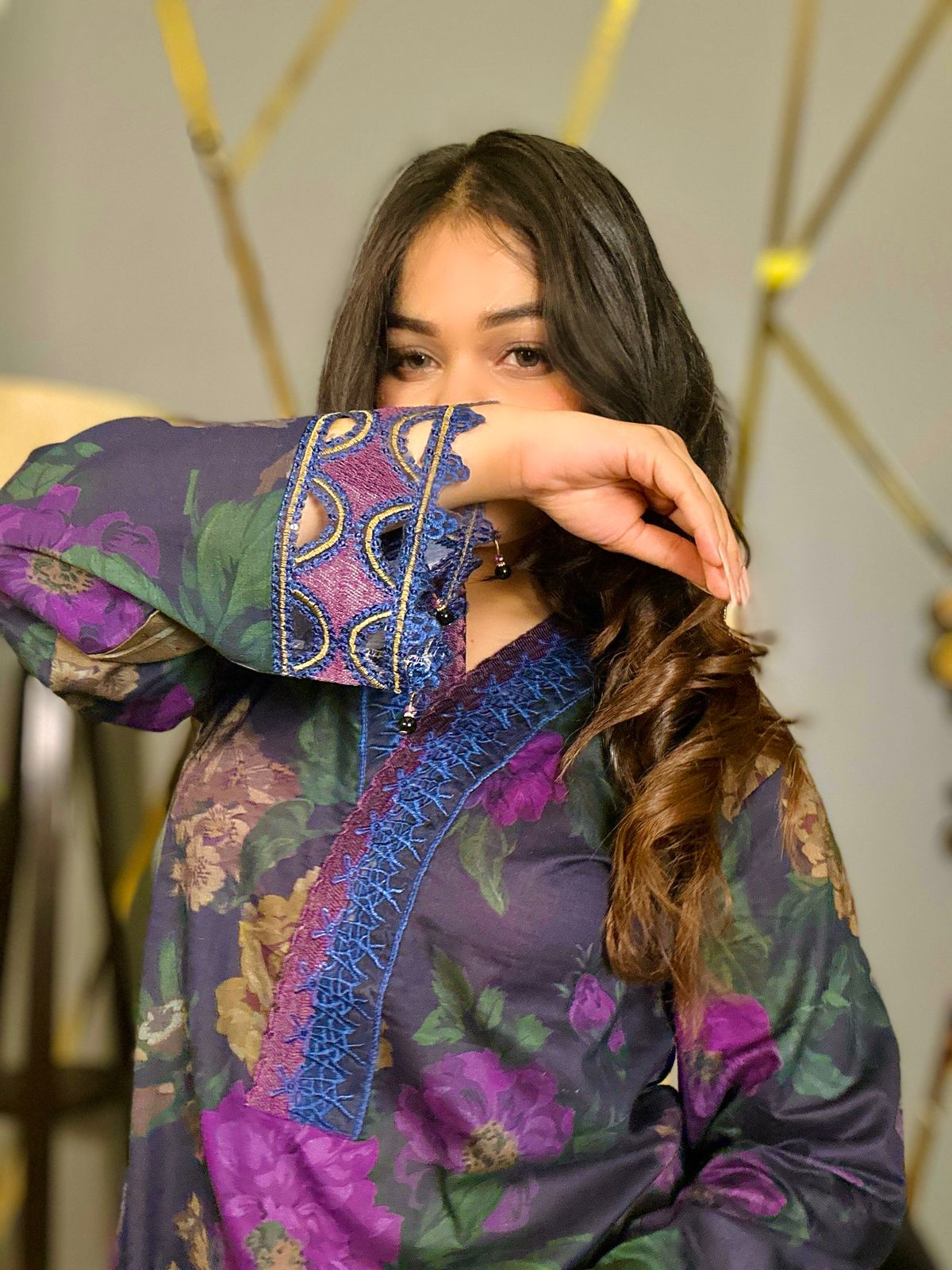 Deep Violet Floral Embroidered 3-Piece Suit with Chiffon Printed Dupatta