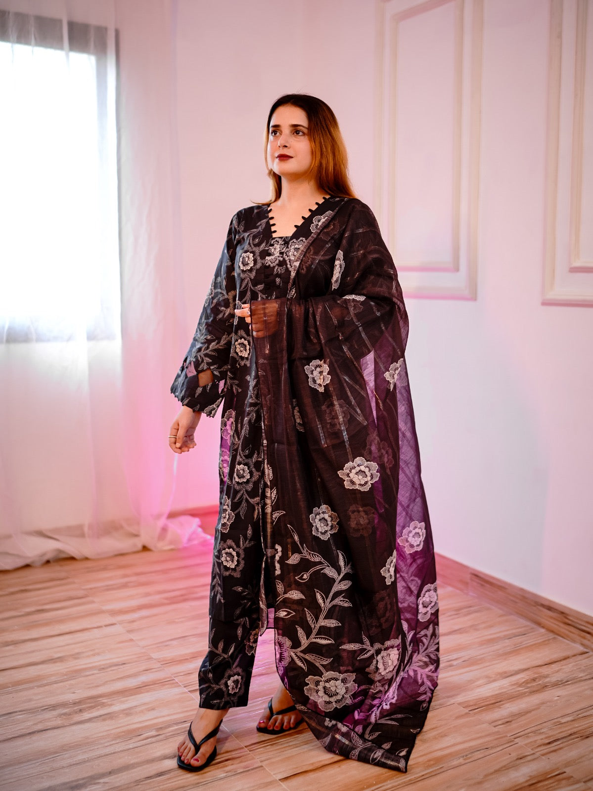 Elegant Black Lawn 3-Piece  Embroidered Shirt with Manaar Printed Dupatta