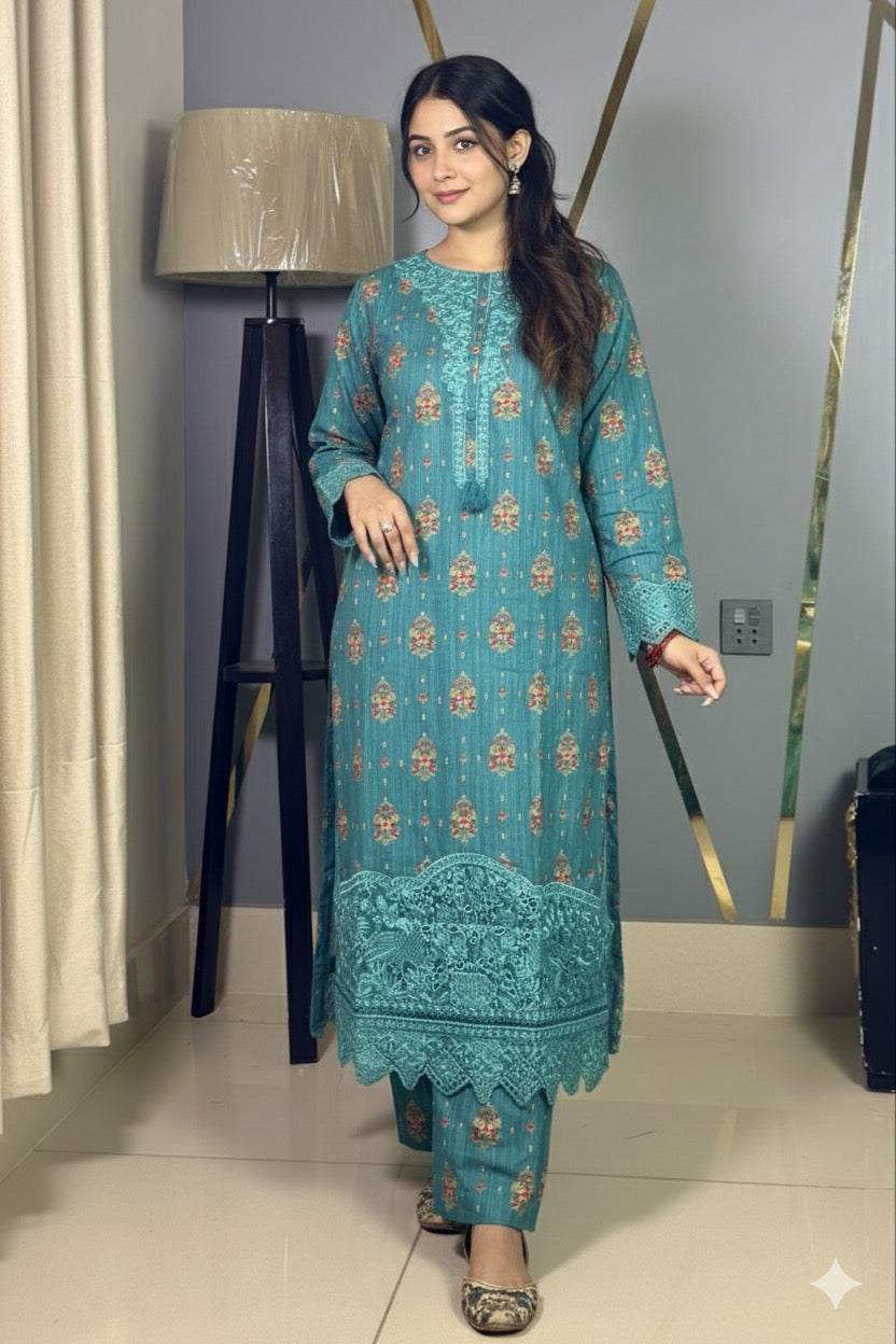 Teal Blue Luxury Lawn Cotton Co-Ord Set with Embroidery & Tassel Detailing - Silk Rang