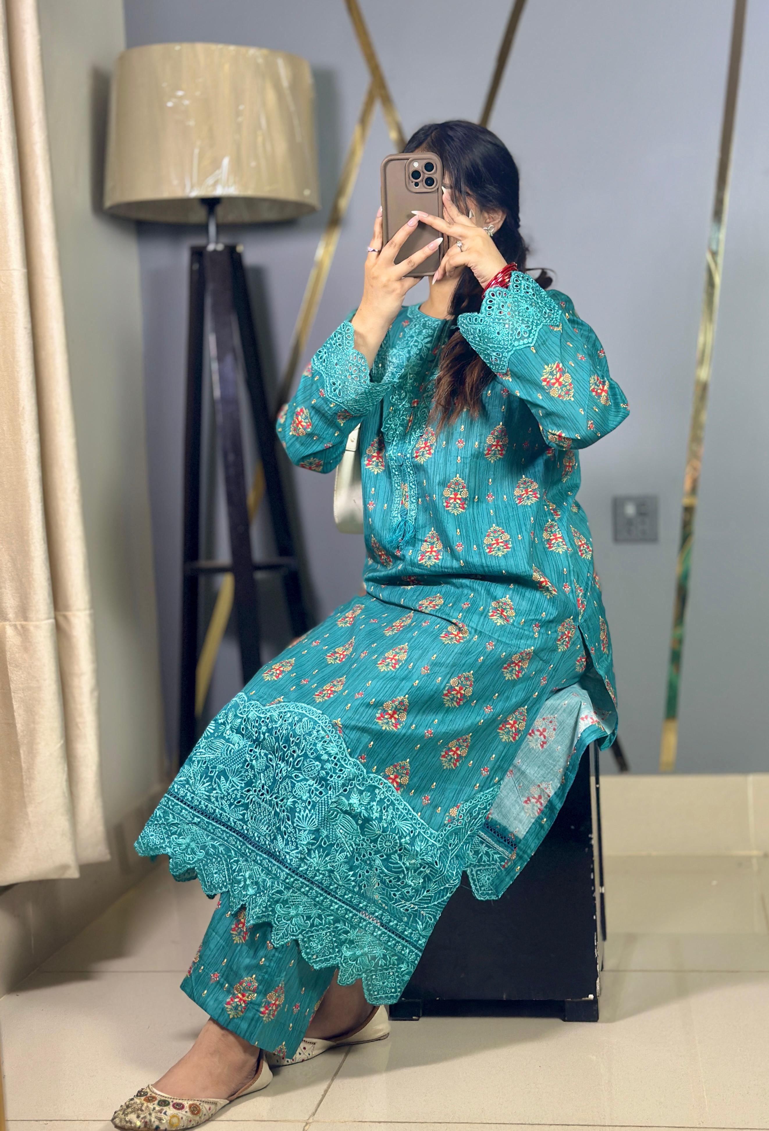 Teal Blue Luxury Lawn Cotton Co-Ord Set with Embroidery & Tassel Detailing