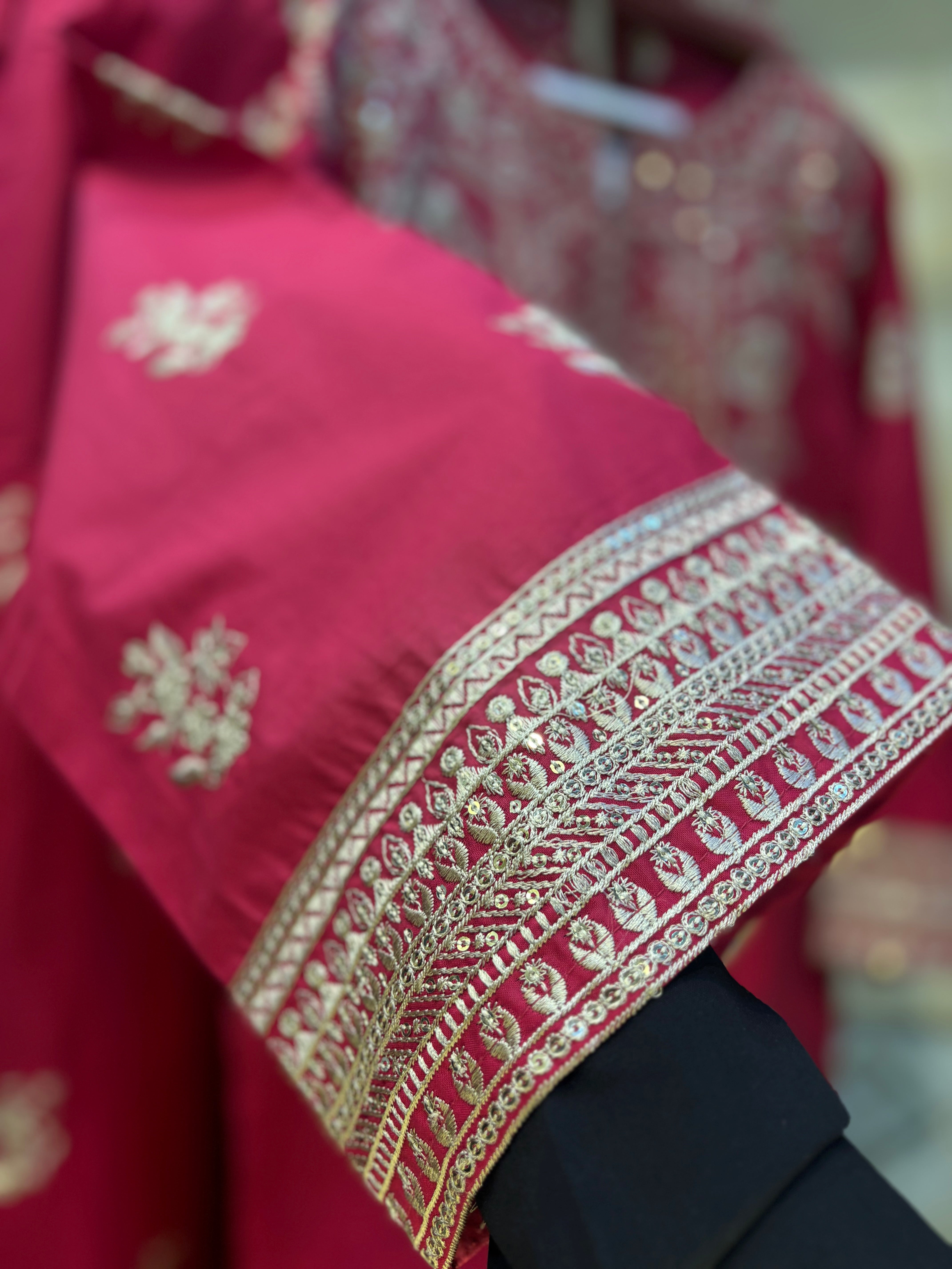 3 Piece Luxury Embroidered Cambric Rose Pink Suit