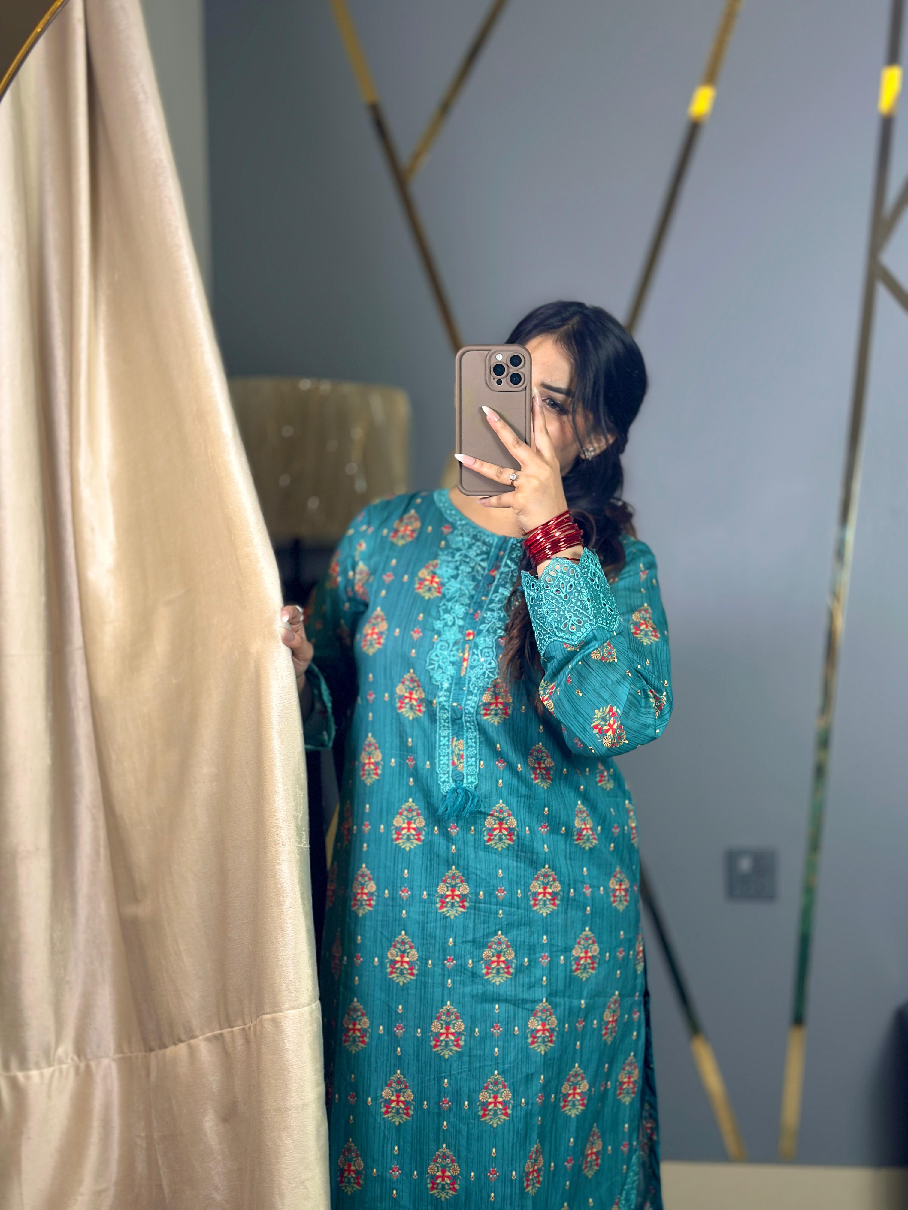 Teal Blue Luxury Lawn Cotton Co-Ord Set with Embroidery & Tassel Detailing