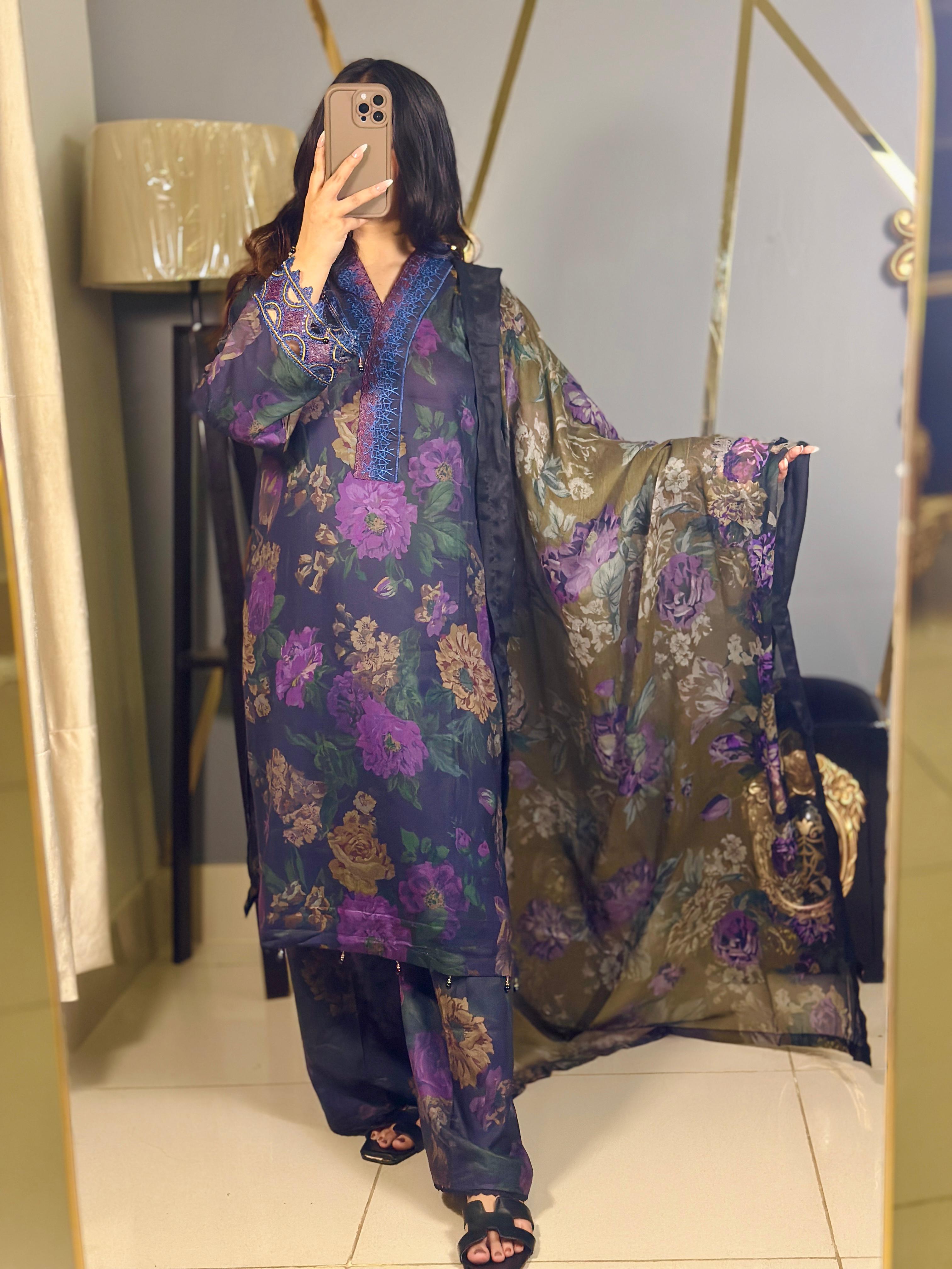 Deep Violet Floral Embroidered 3-Piece Suit with Chiffon Printed Dupatta