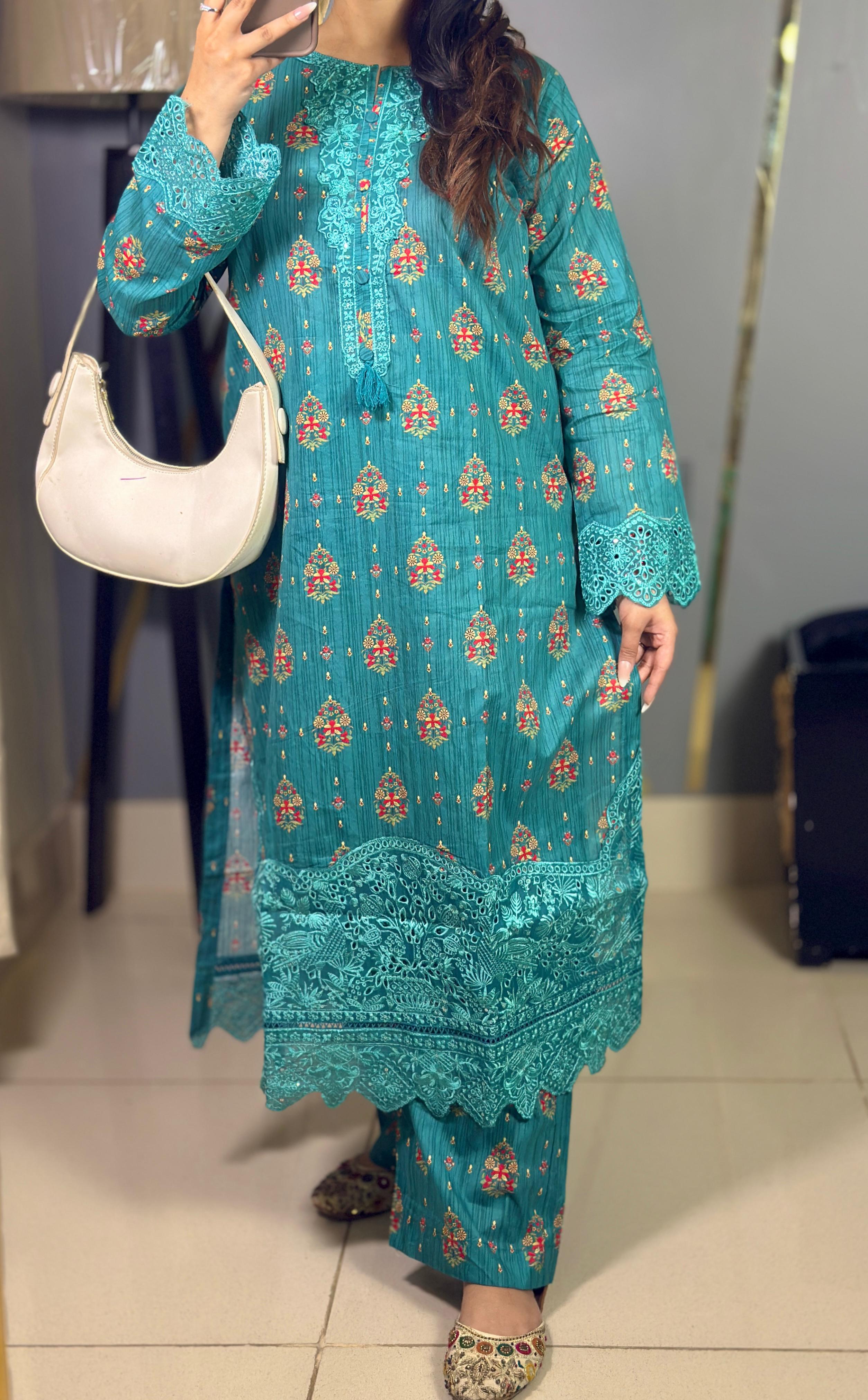 Teal Blue Luxury Lawn Cotton Co-Ord Set with Embroidery & Tassel Detailing