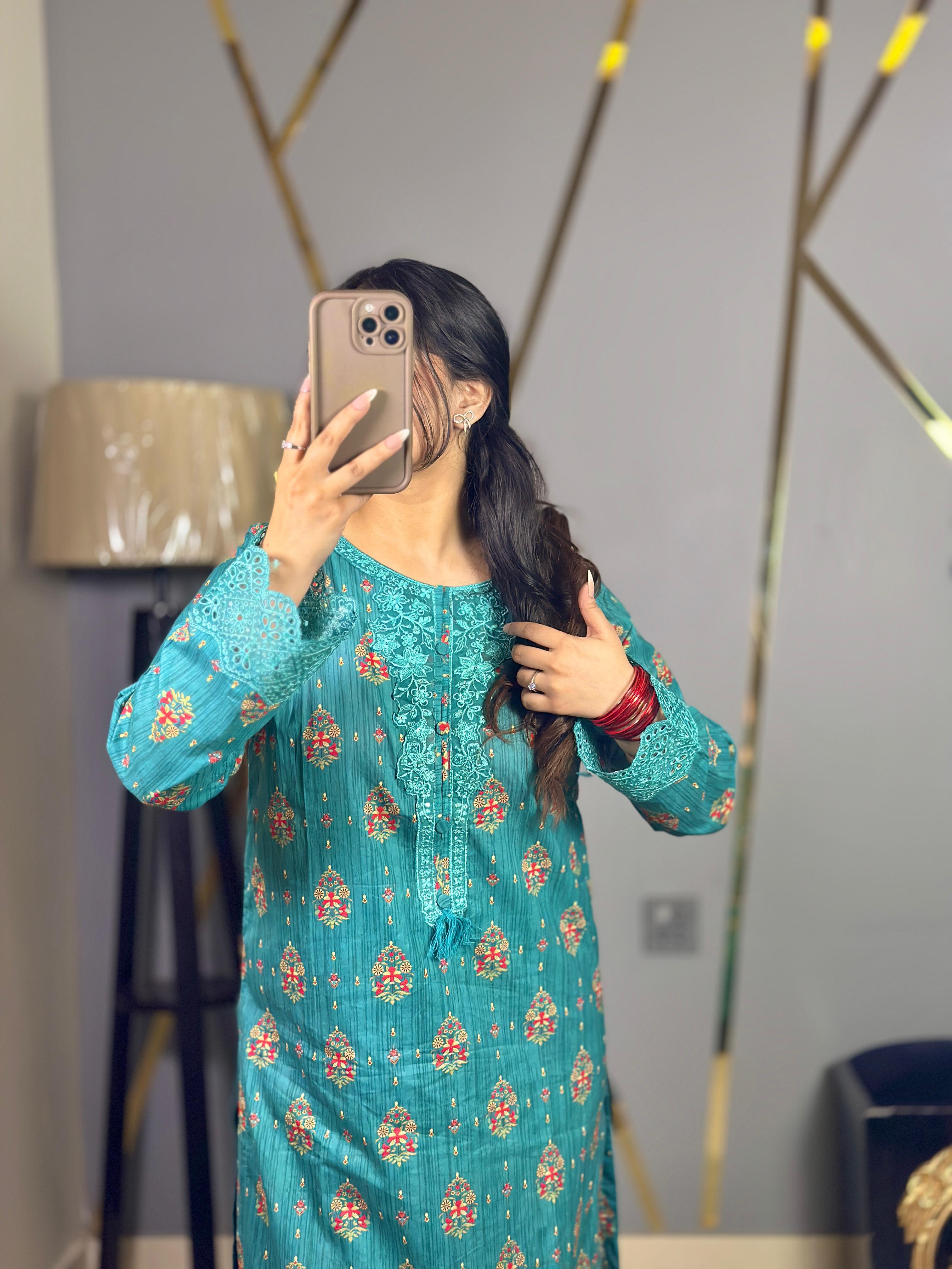 Teal Blue Luxury Lawn Cotton Co-Ord Set with Embroidery & Tassel Detailing