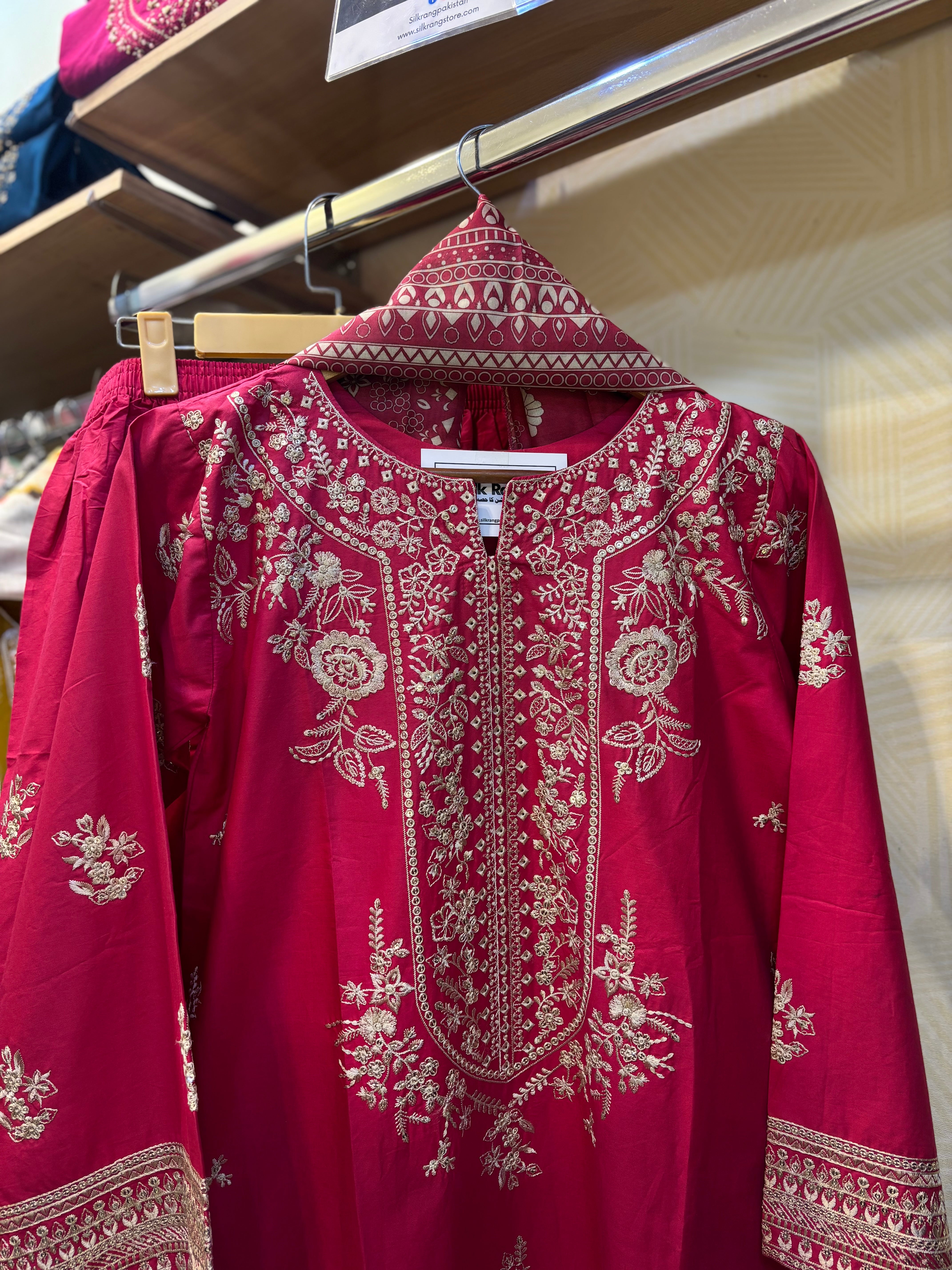 3 Piece Luxury Embroidered Cambric Rose Pink Suit