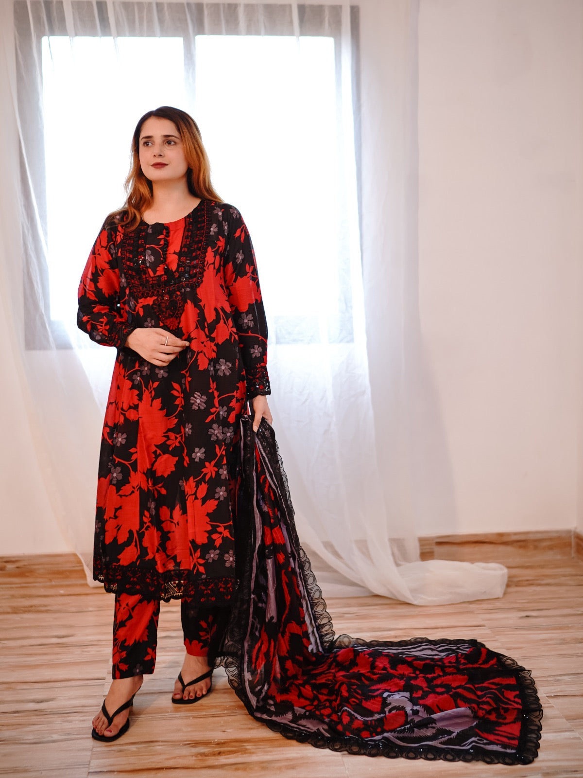 Embroidered Premium Lawn Frock Suit with 4-Sided Embroidered Dupatta 3 Piece