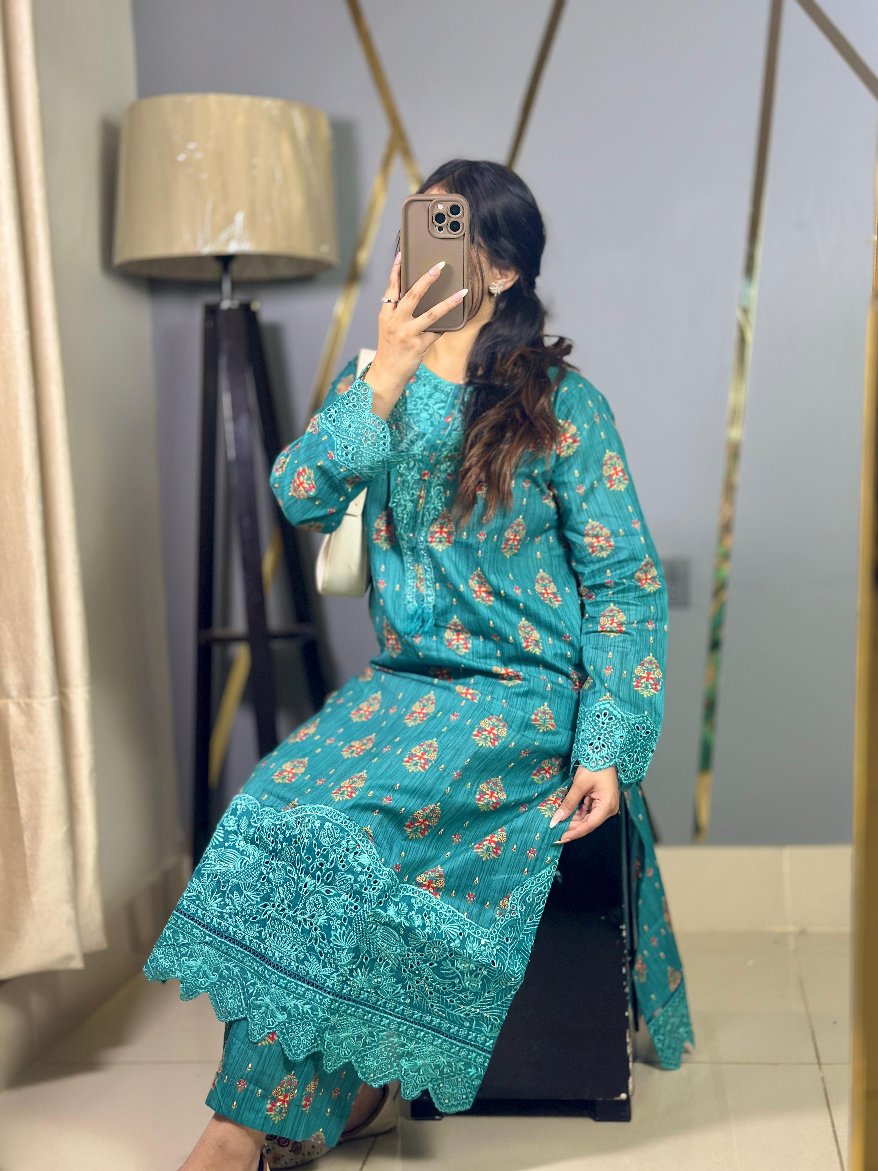 Teal Blue Luxury Lawn Cotton Co-Ord Set with Embroidery & Tassel Detailing