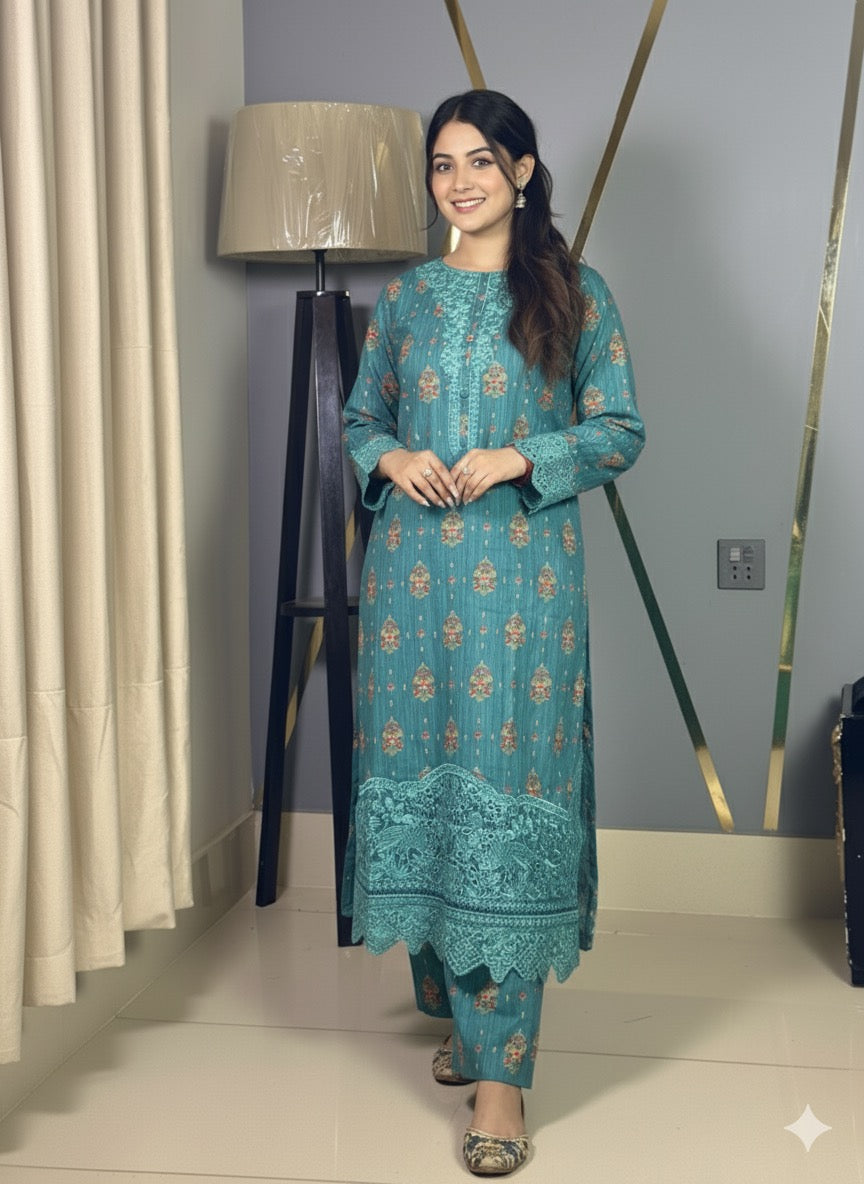 Teal Blue Luxury Lawn Cotton Co-Ord Set with Embroidery & Tassel Detailing - Silk Rang