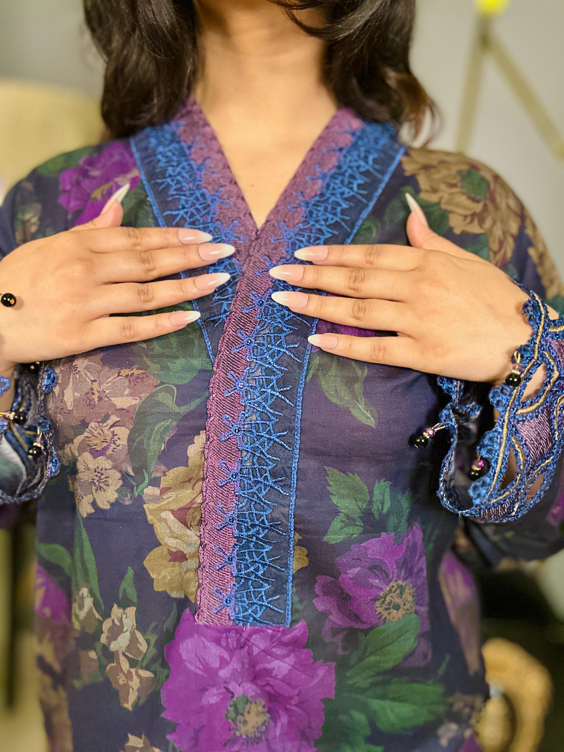 Deep Violet Floral Embroidered 3-Piece Suit with Chiffon Printed Dupatta