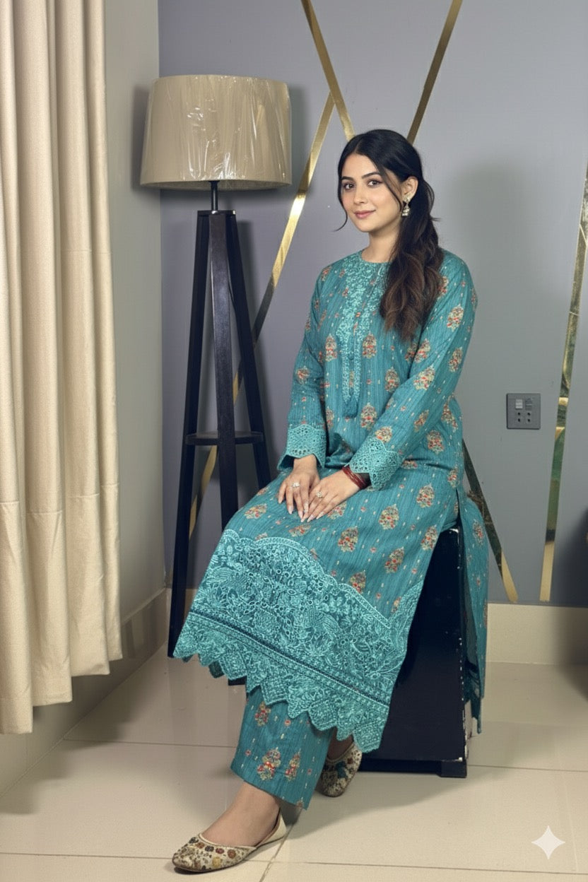 Teal Blue Luxury Lawn Cotton Co-Ord Set with Embroidery & Tassel Detailing - Silk Rang