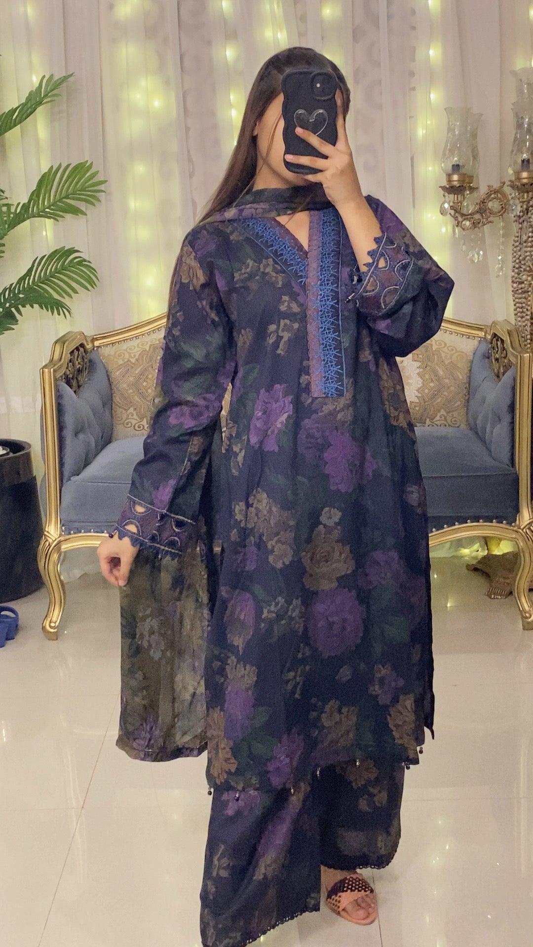 Deep Violet Floral Embroidered 3-Piece Suit with Chiffon Printed Dupatta - Silk Rang