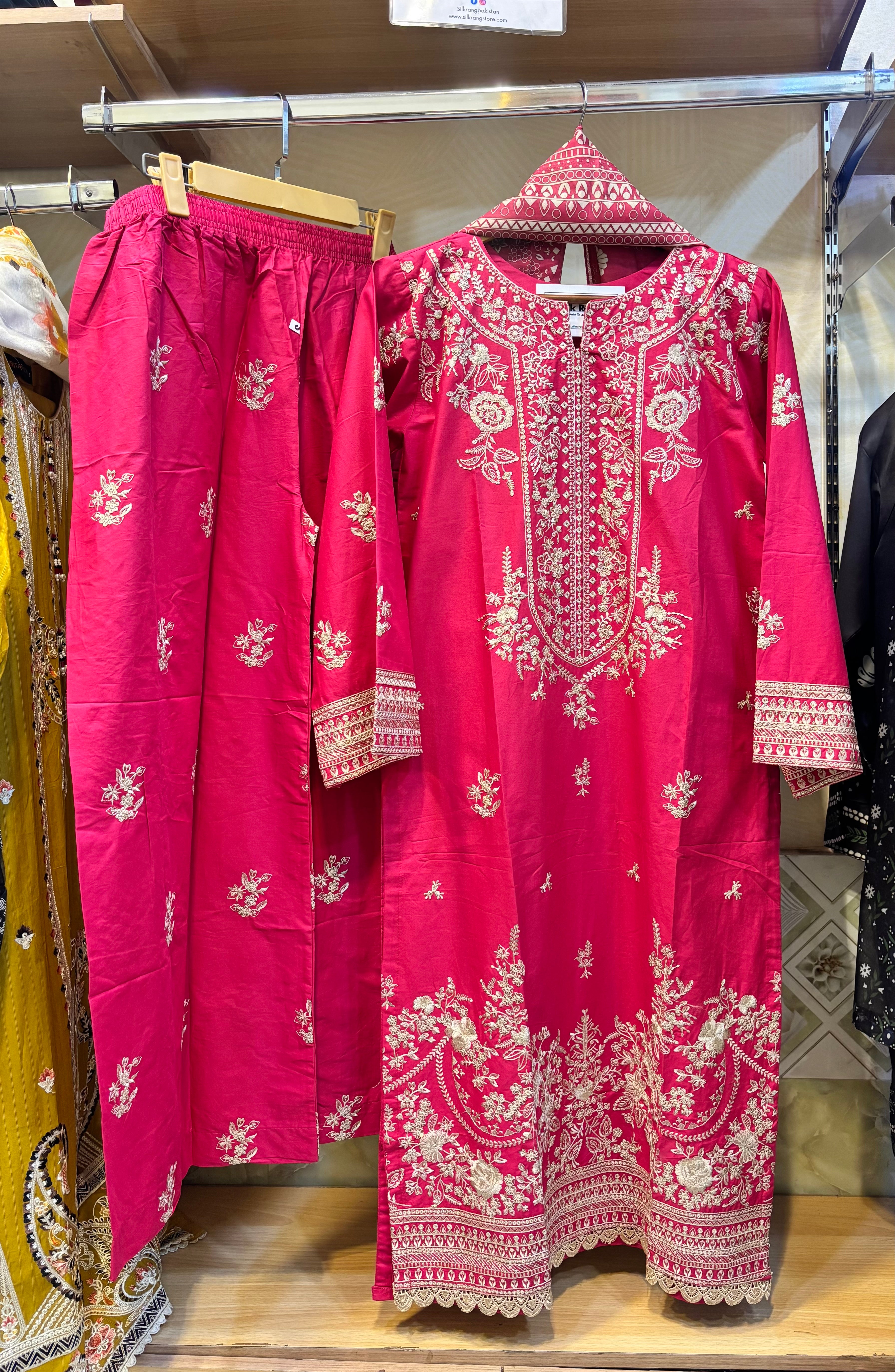 3 Piece Luxury Embroidered Cambric Rose Pink Suit