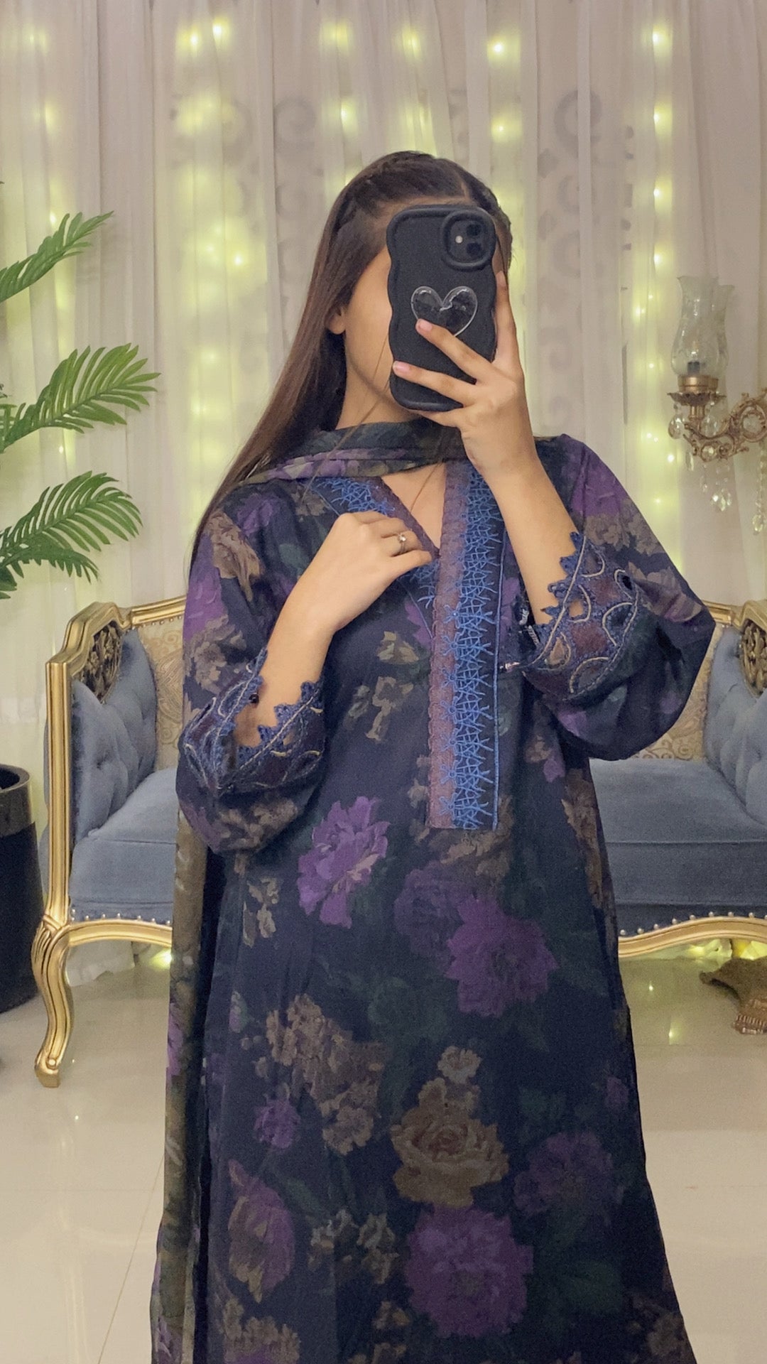 Deep Violet Floral Embroidered 3-Piece Suit with Chiffon Printed Dupatta - Silk Rang