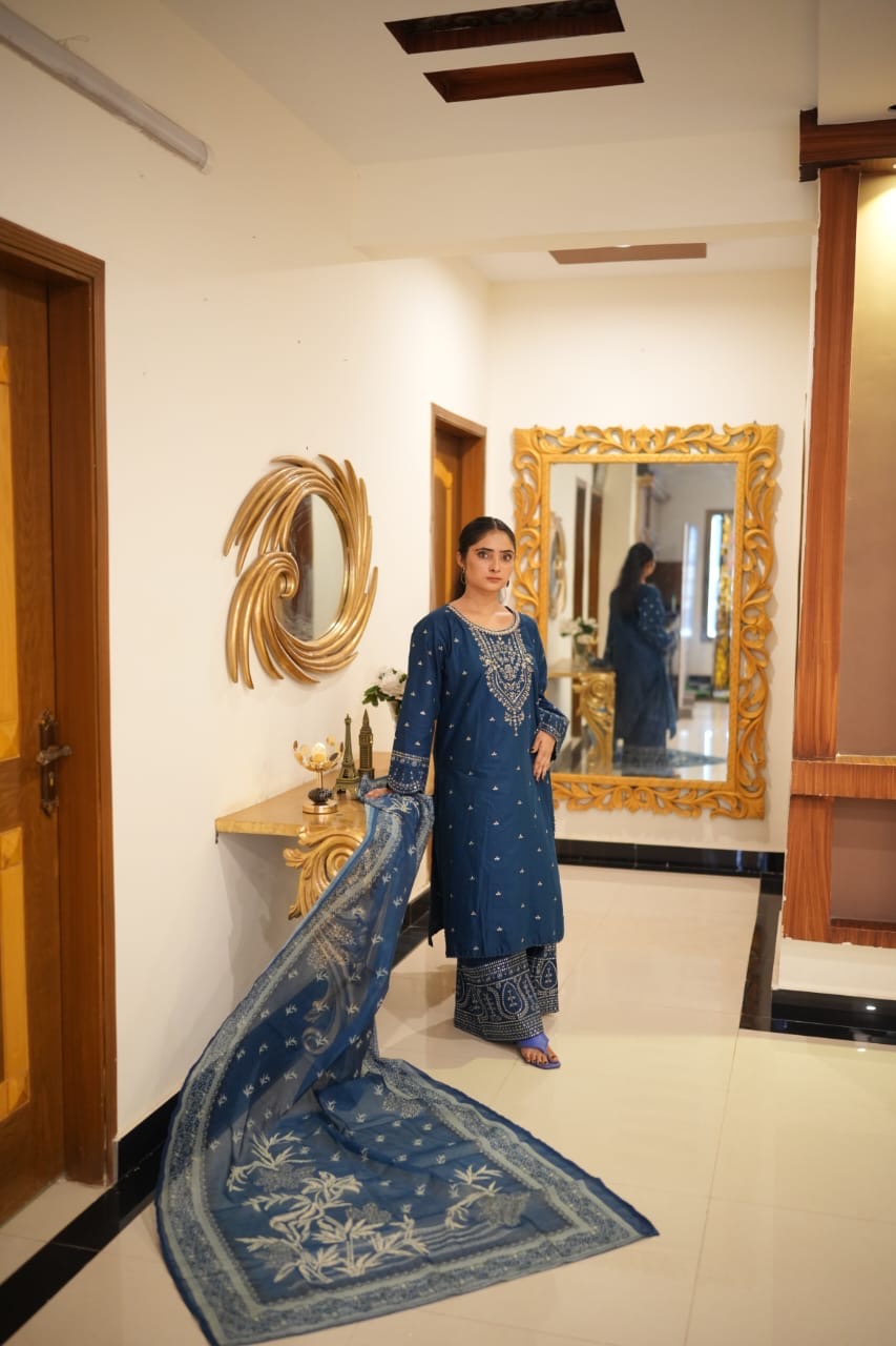 Zinc Embroidered Cotton 3Pc with Dyed Palazzo Style Trouser & Printed Monaar Dupatta