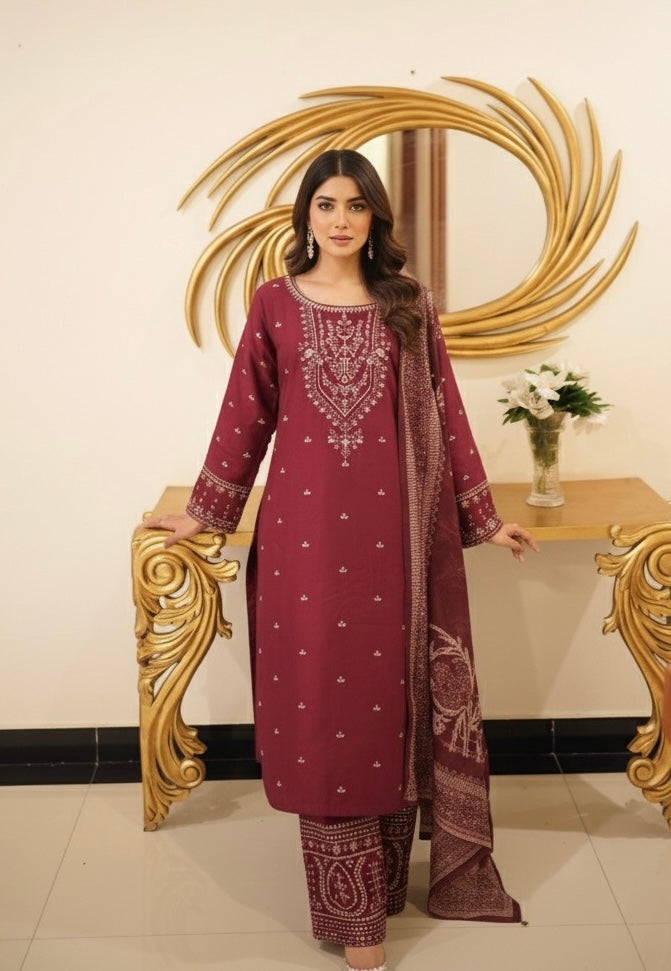 Premium Maroon Winter Cotton 3Pc Suit with Embroidered Shirt, Palazzo & Soft Manaar Dupatta