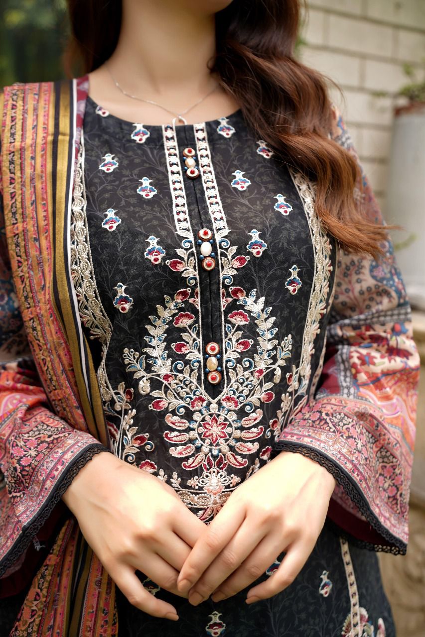 Fully Embroidered Lawn Suit with Gold Printed Lawn Dupatta 3 Piece