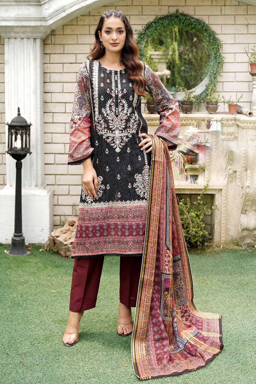 Fully Embroidered Lawn Suit with Gold Printed Lawn Dupatta 3 Piece