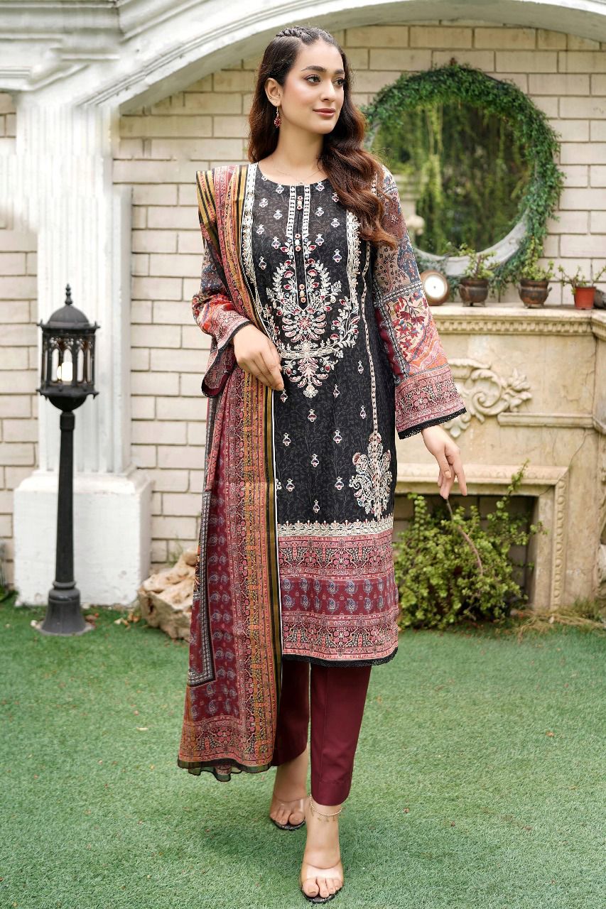 Fully Embroidered Lawn Suit with Gold Printed Lawn Dupatta 3 Piece