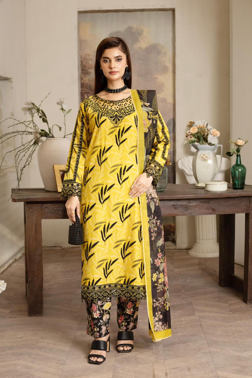 Bright Yellow Khaddar with Signature Bloom Embroidery, Moti Embellishments & Manaar Printed Dupatta - Silk Rang