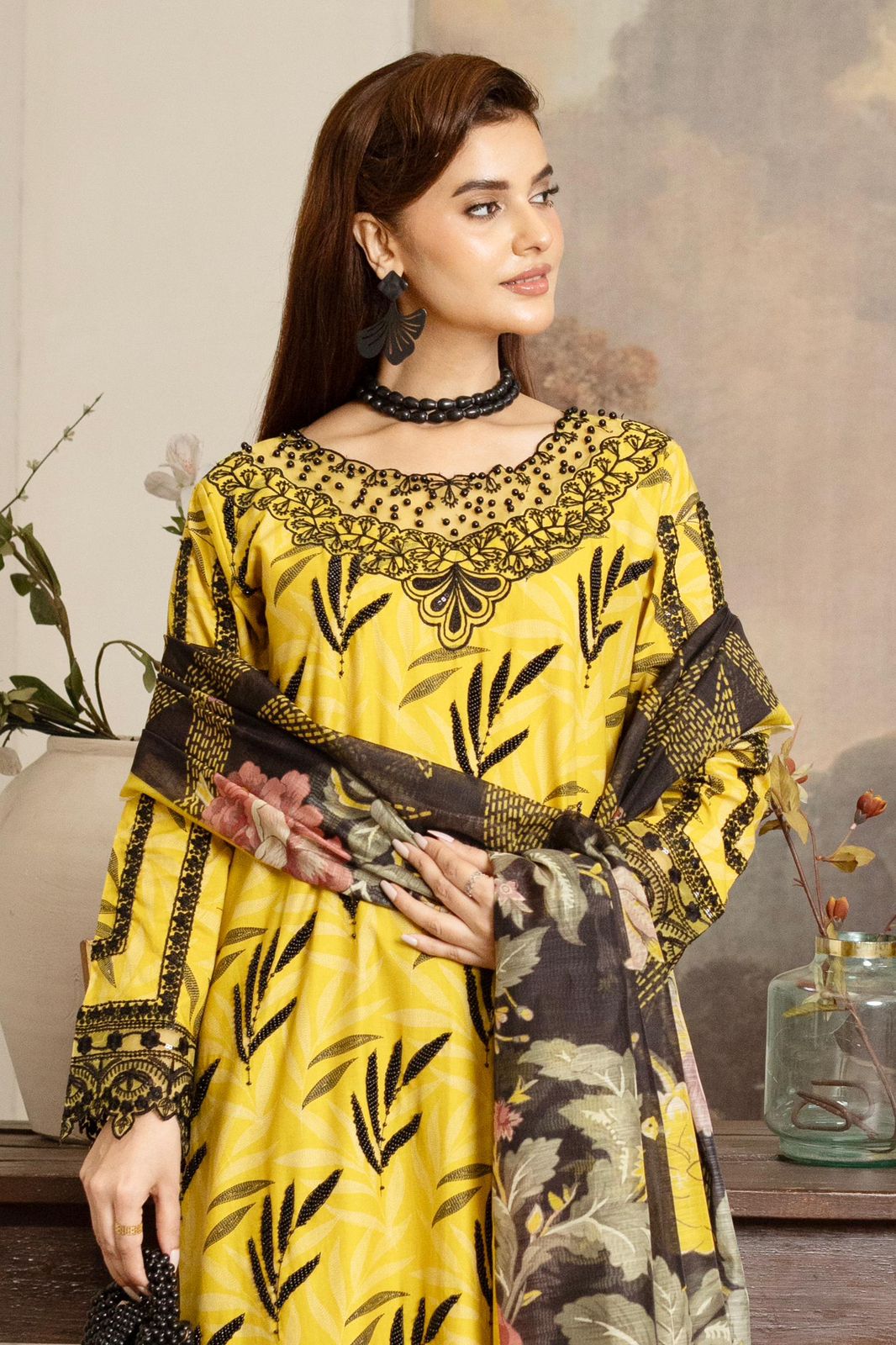 Bright Yellow Khaddar with Signature Bloom Embroidery, Moti Embellishments & Manaar Printed Dupatta - Silk Rang