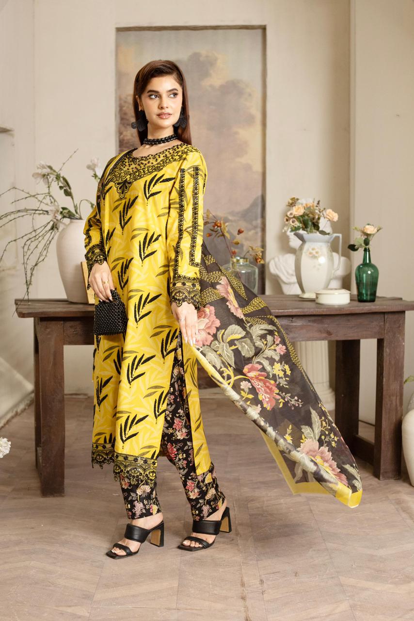 Bright Yellow Khaddar with Signature Bloom Embroidery, Moti Embellishments & Manaar Printed Dupatta - Silk Rang