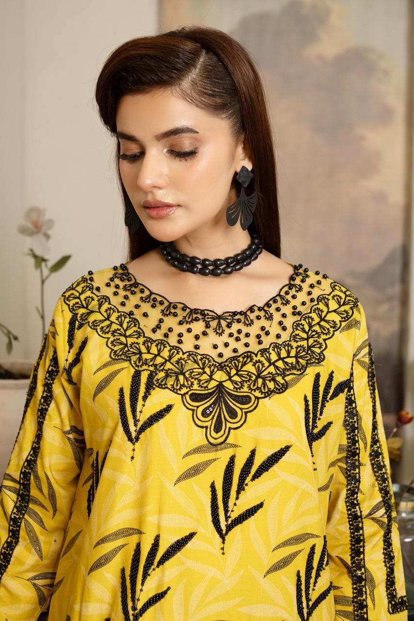 Bright Yellow Khaddar with Signature Bloom Embroidery, Moti Embellishments & Manaar Printed Dupatta - Silk Rang