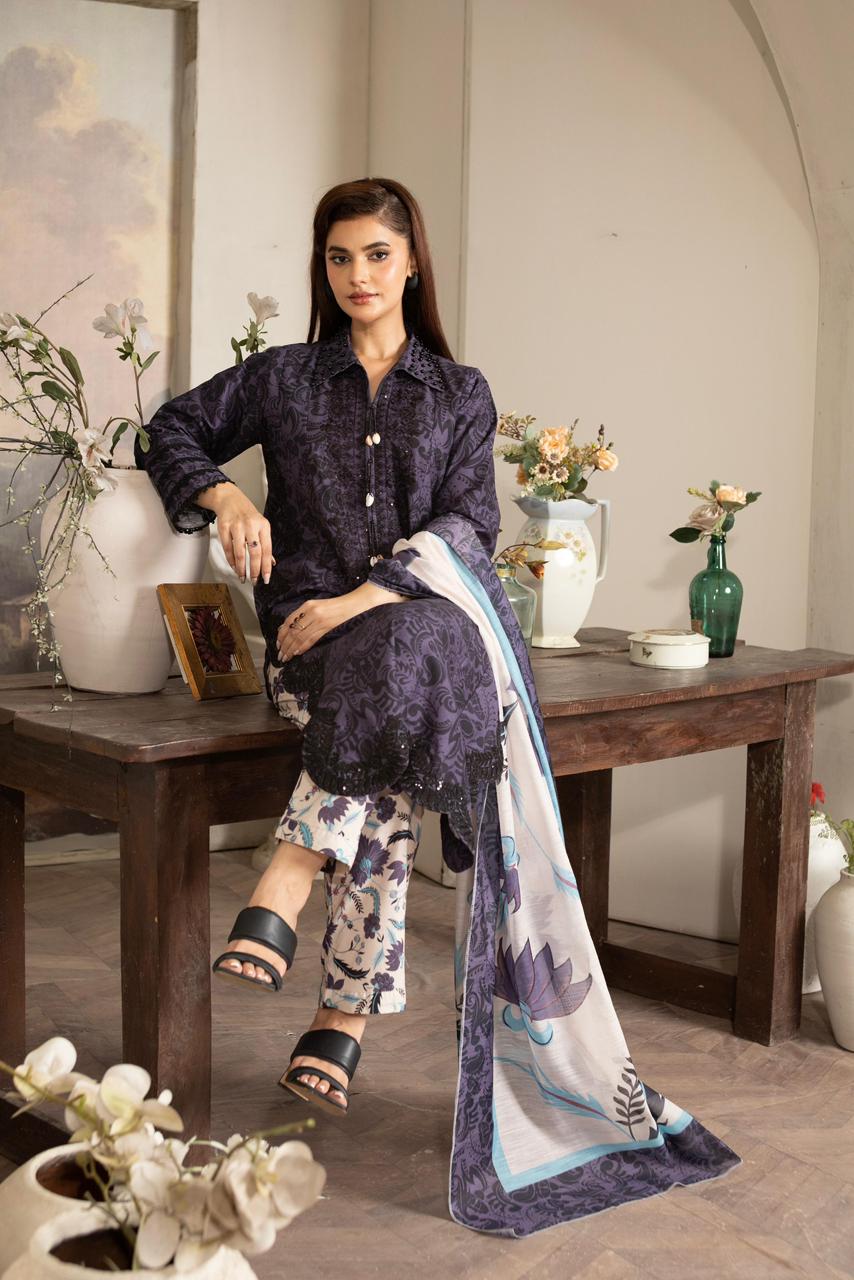Deep purple premium khaddar with floral embroidery, sequin work & Manaar printed dupatta - Silk Rang