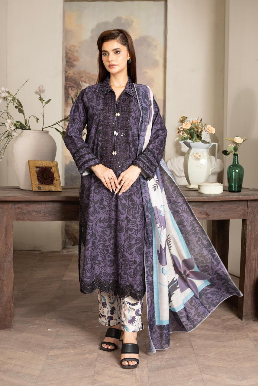 Deep purple premium khaddar with floral embroidery, sequin work & Manaar printed dupatta - Silk Rang