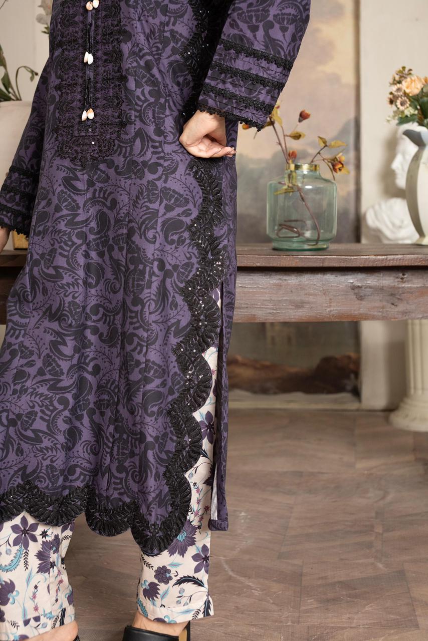 Deep purple premium khaddar with floral embroidery, sequin work & Manaar printed dupatta - Silk Rang