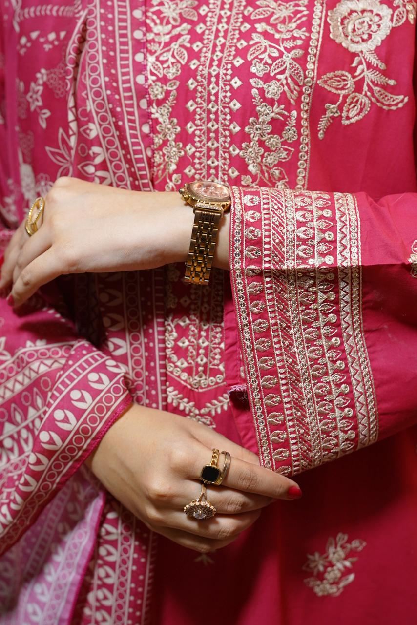 Luxury Winter Cambric 3Pc Suit & Deep Rose Pink Embroidered Ensemble with Monaar Dupatta