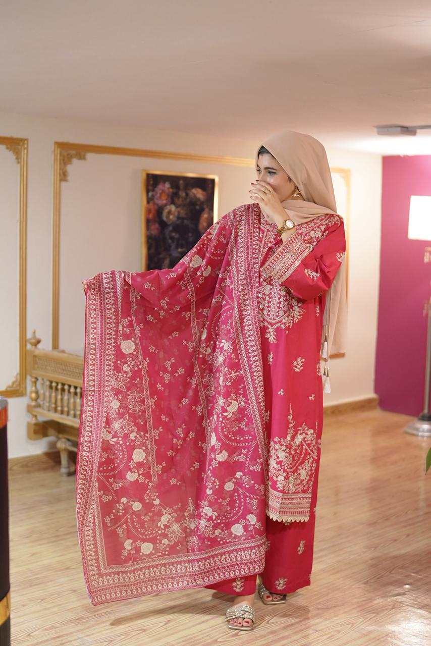Luxury Winter Cambric 3Pc Suit & Deep Rose Pink Embroidered Ensemble with Monaar Dupatta