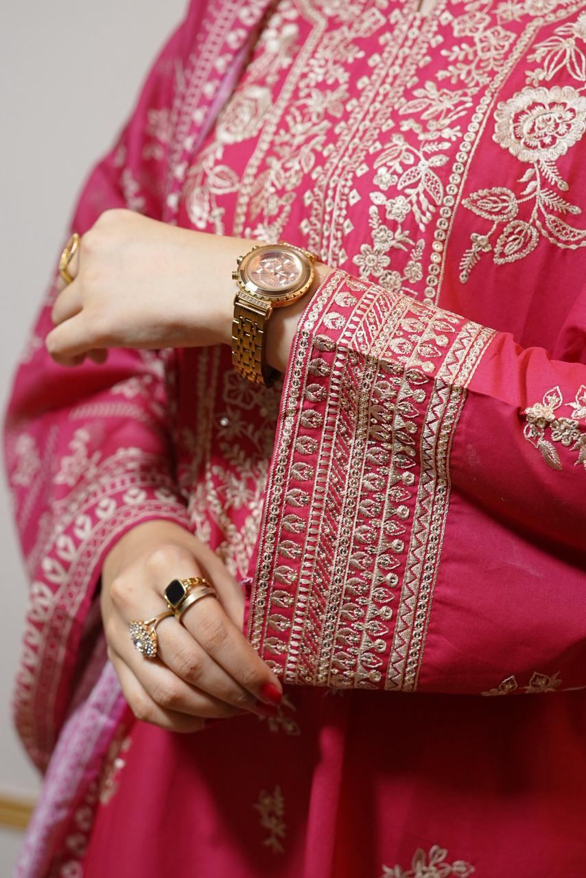 Luxury Winter Cambric 3Pc Suit & Deep Rose Pink Embroidered Ensemble with Monaar Dupatta