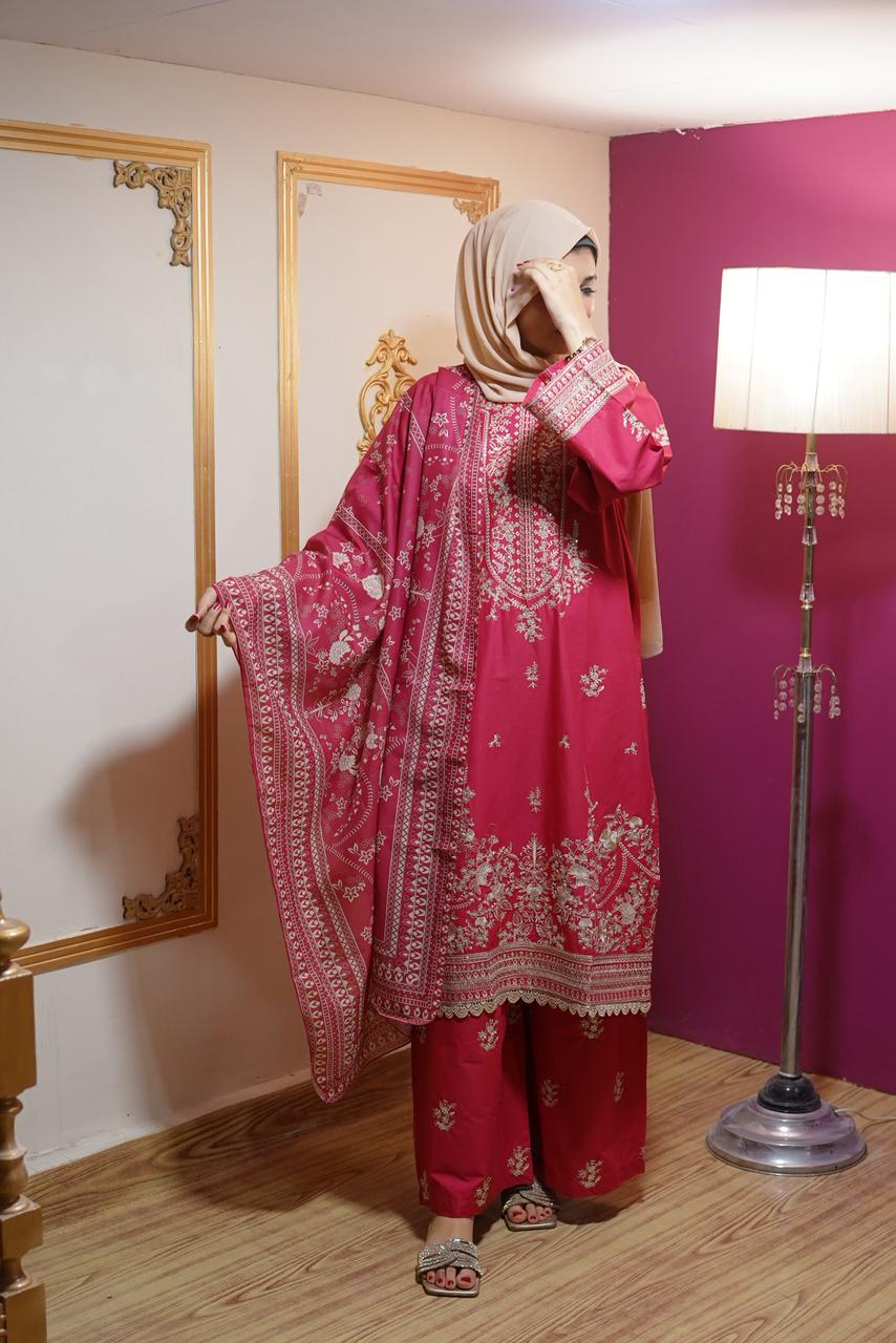 Luxury Winter Cambric 3Pc Suit & Deep Rose Pink Embroidered Ensemble with Monaar Dupatta