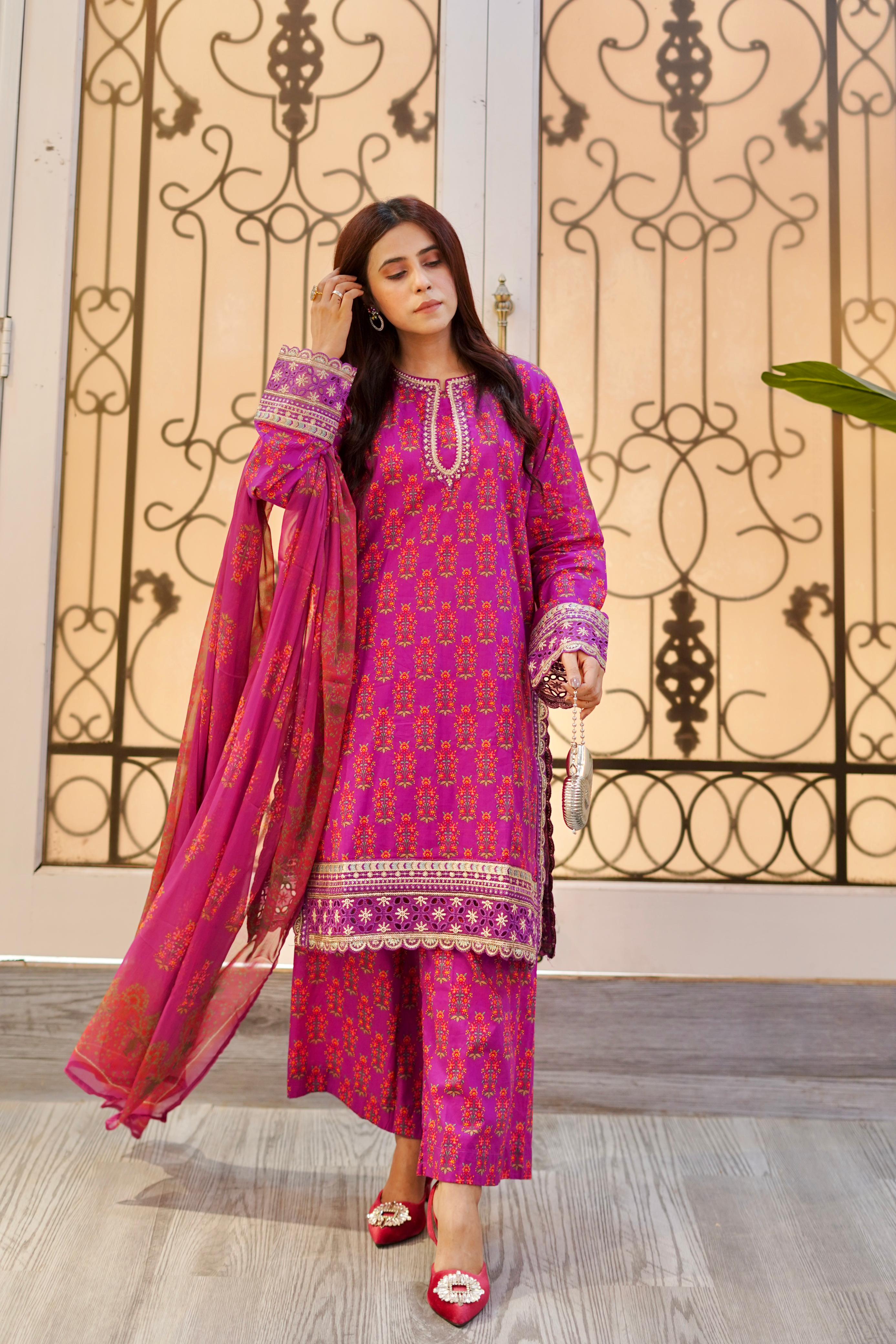 Embroidered Pink Lawn Suit with Printed Chiffon Dupatta – 3 Piece