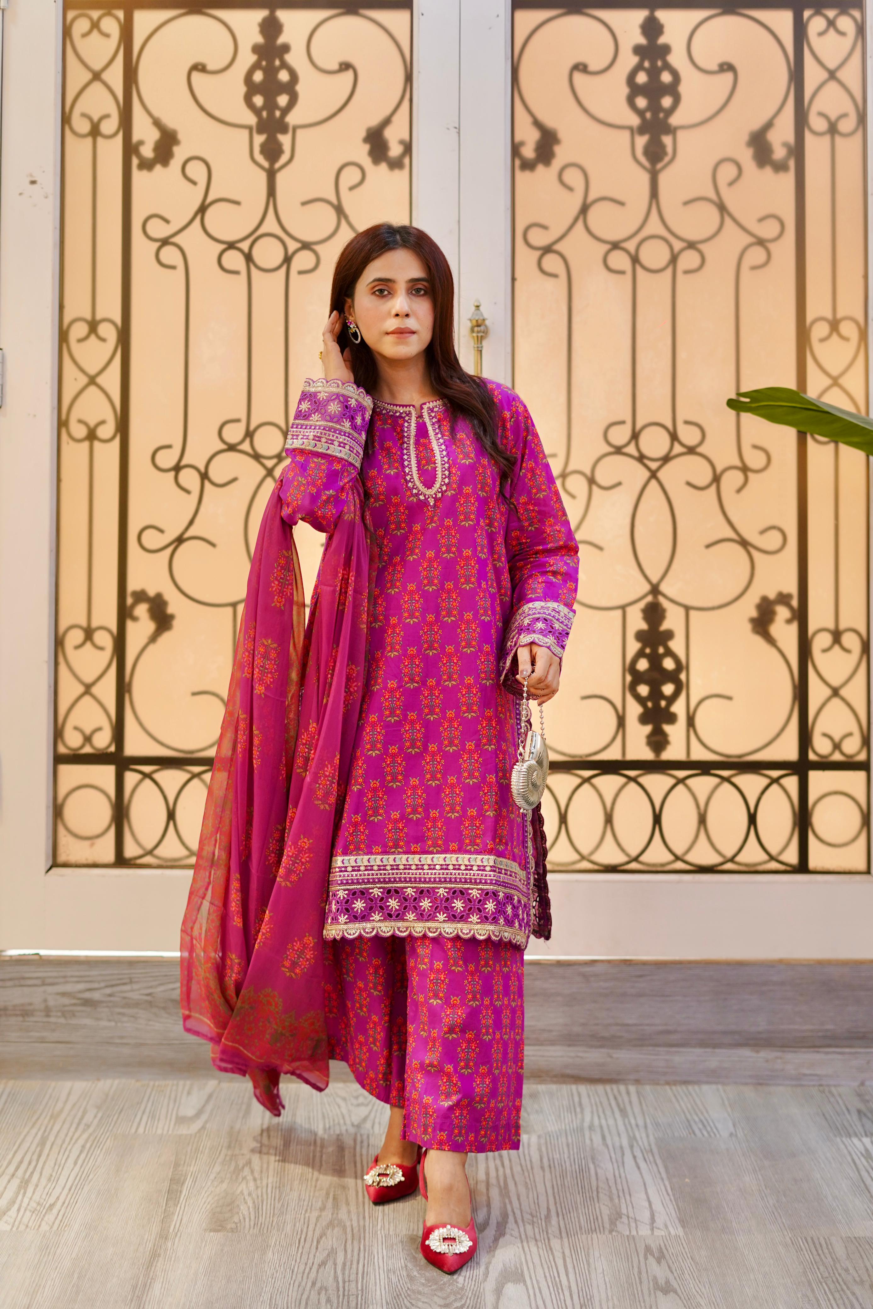 Embroidered Pink Lawn Suit with Printed Chiffon Dupatta – 3 Piece