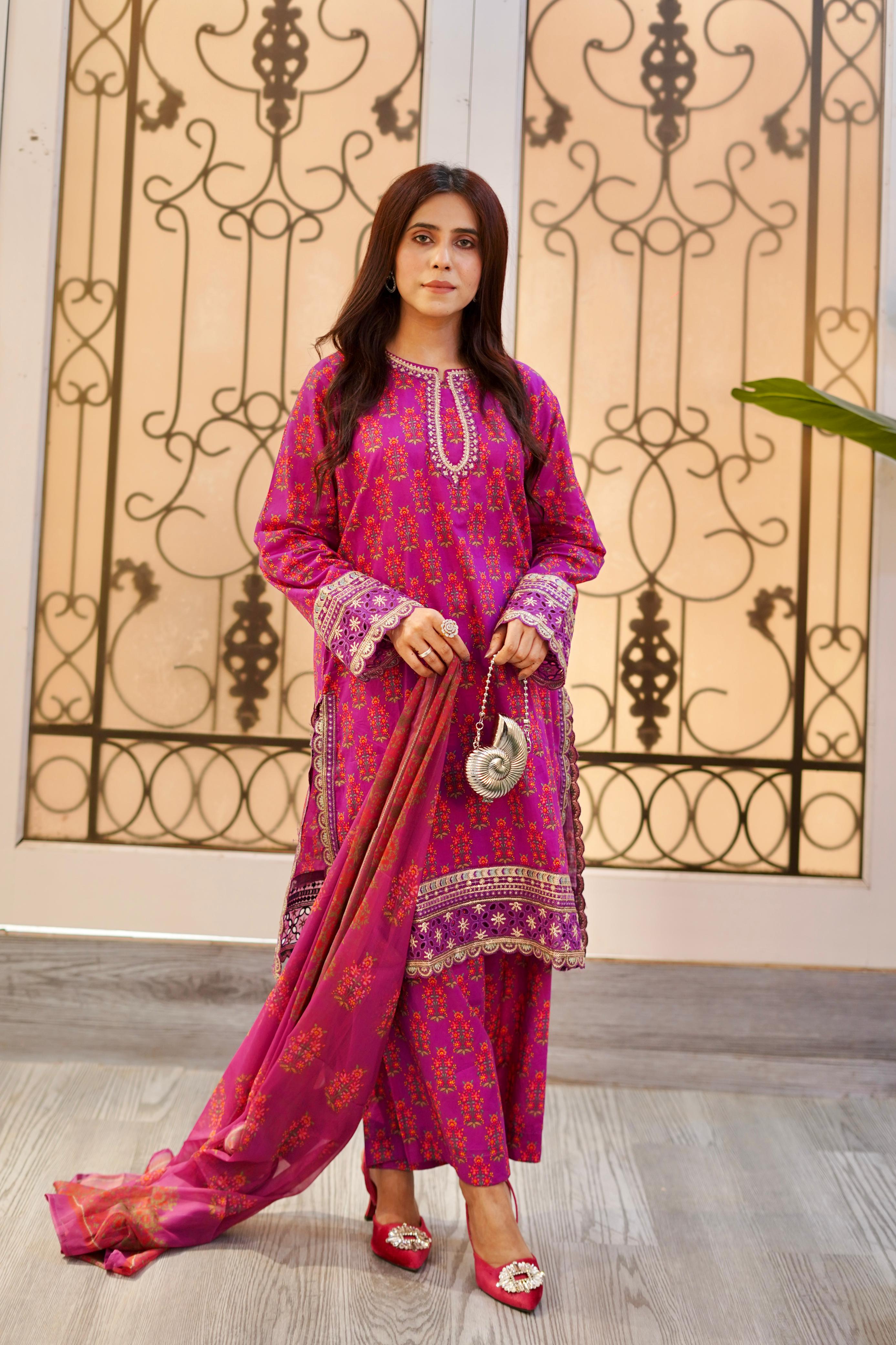Embroidered Pink Lawn Suit with Printed Chiffon Dupatta – 3 Piece