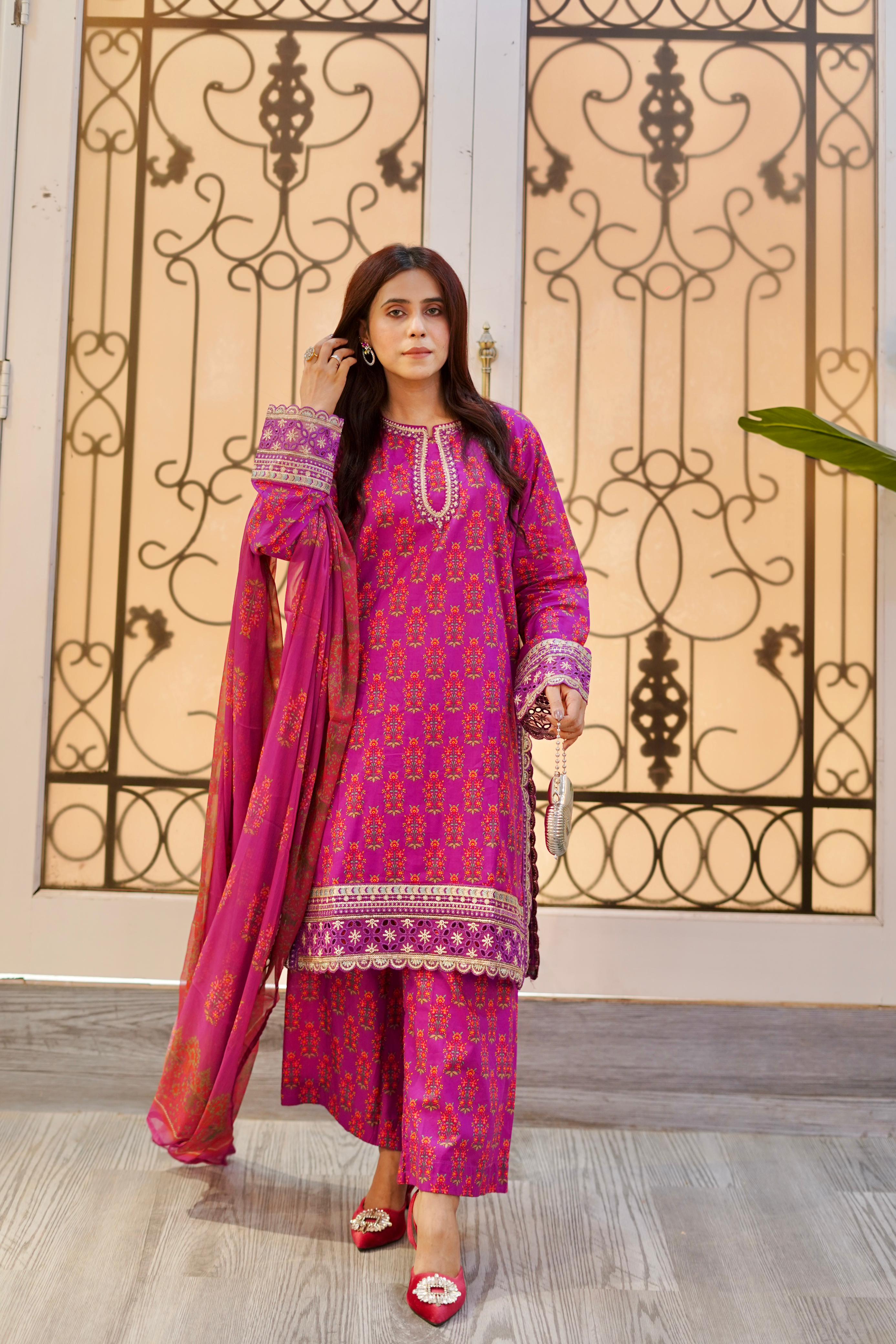 Embroidered Pink Lawn Suit with Printed Chiffon Dupatta – 3 Piece