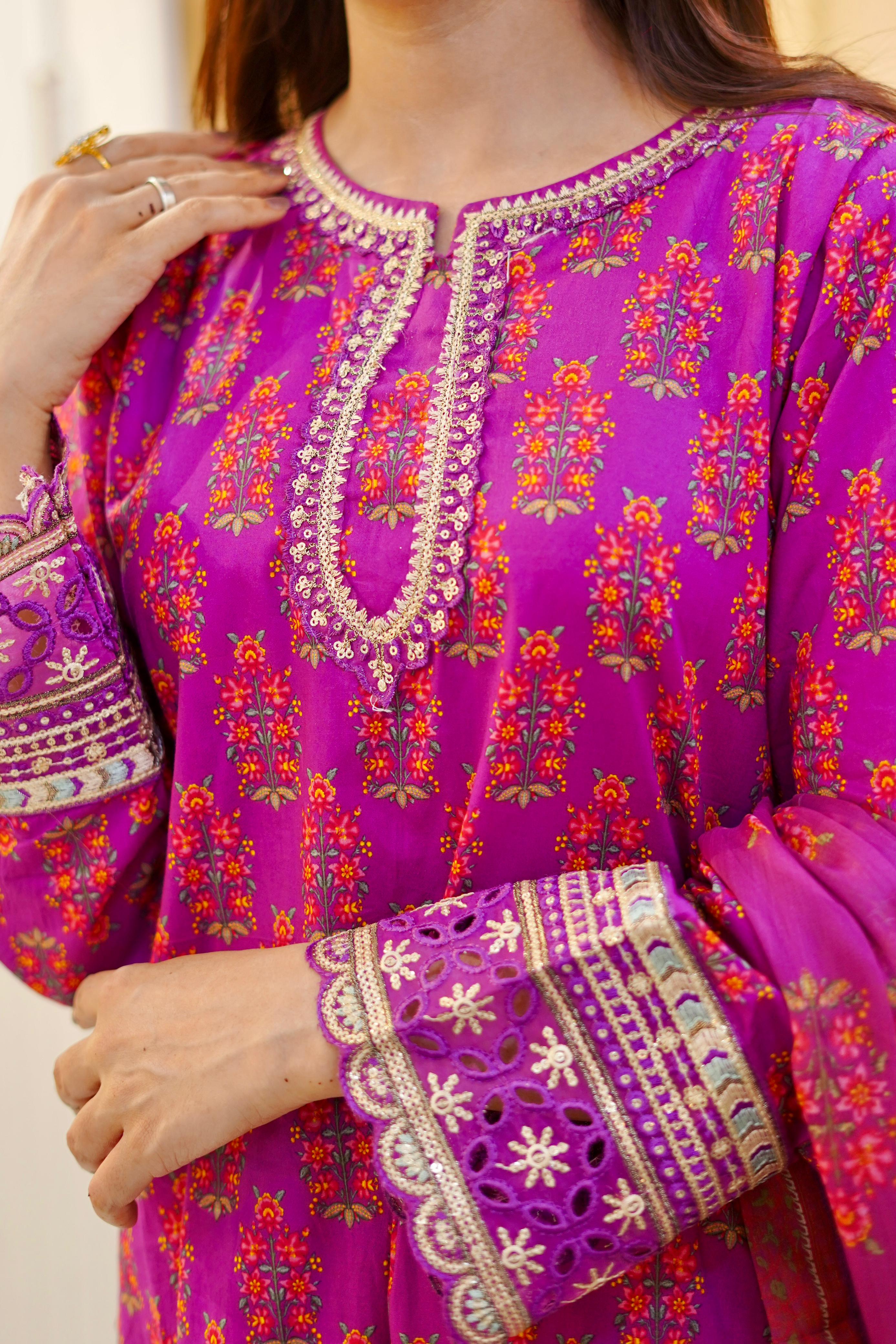 Embroidered Pink Lawn Suit with Printed Chiffon Dupatta – 3 Piece
