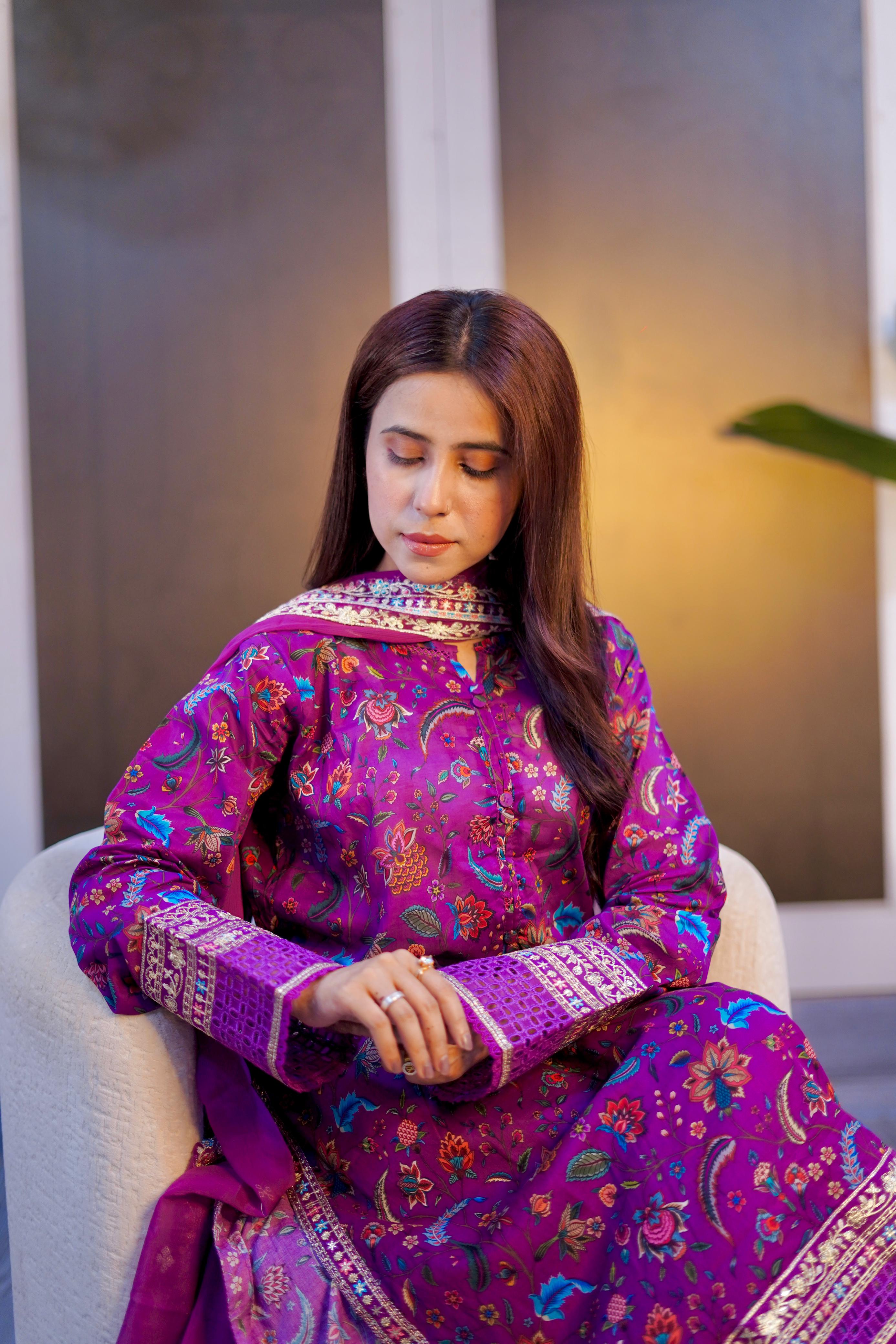 Embroidered Lawn Suit with Chiffon Embroidered Dupatta – 3 Piece