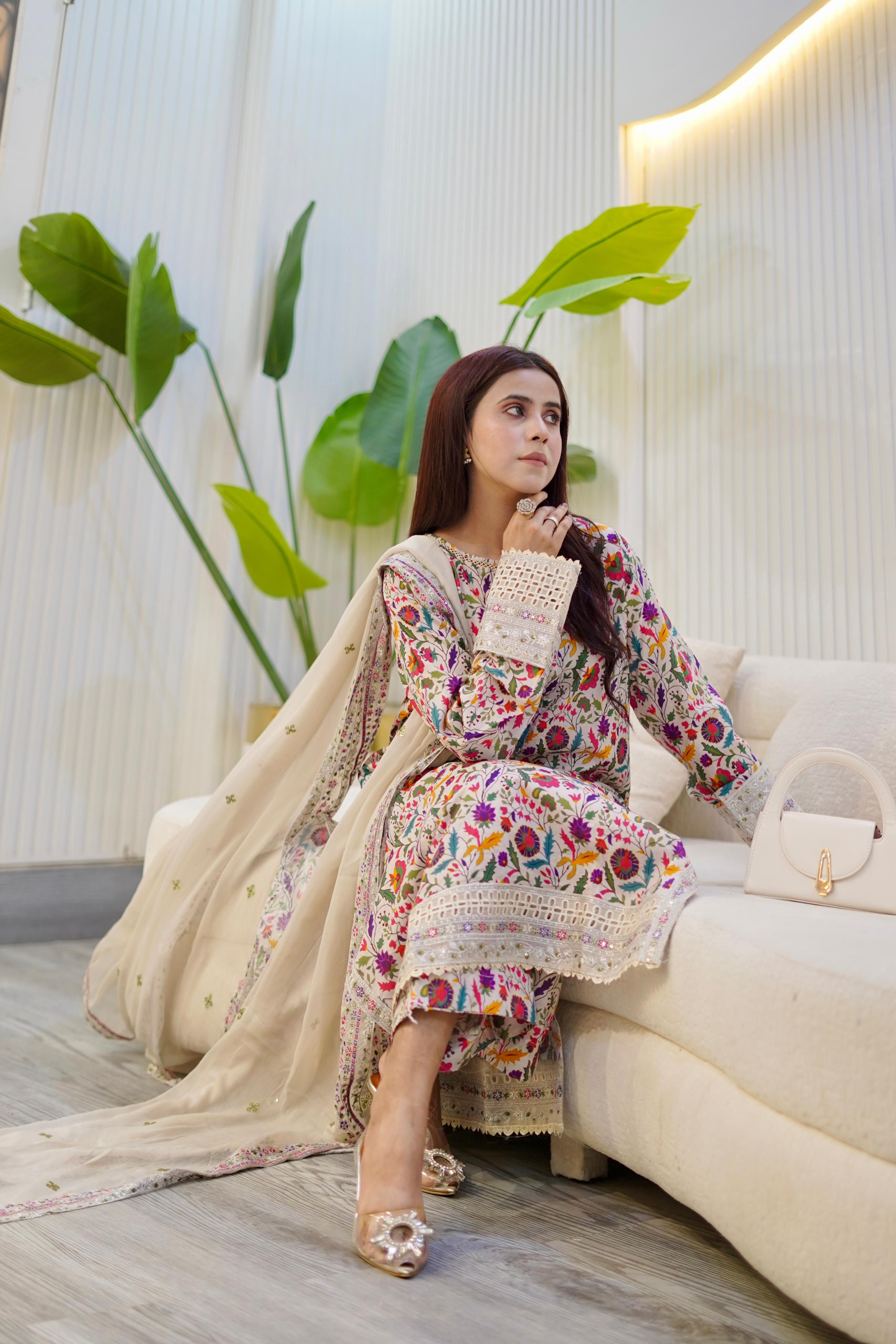 Embroidered Lawn Suit with Chiffon Embroidered Dupatta – 3 Piece