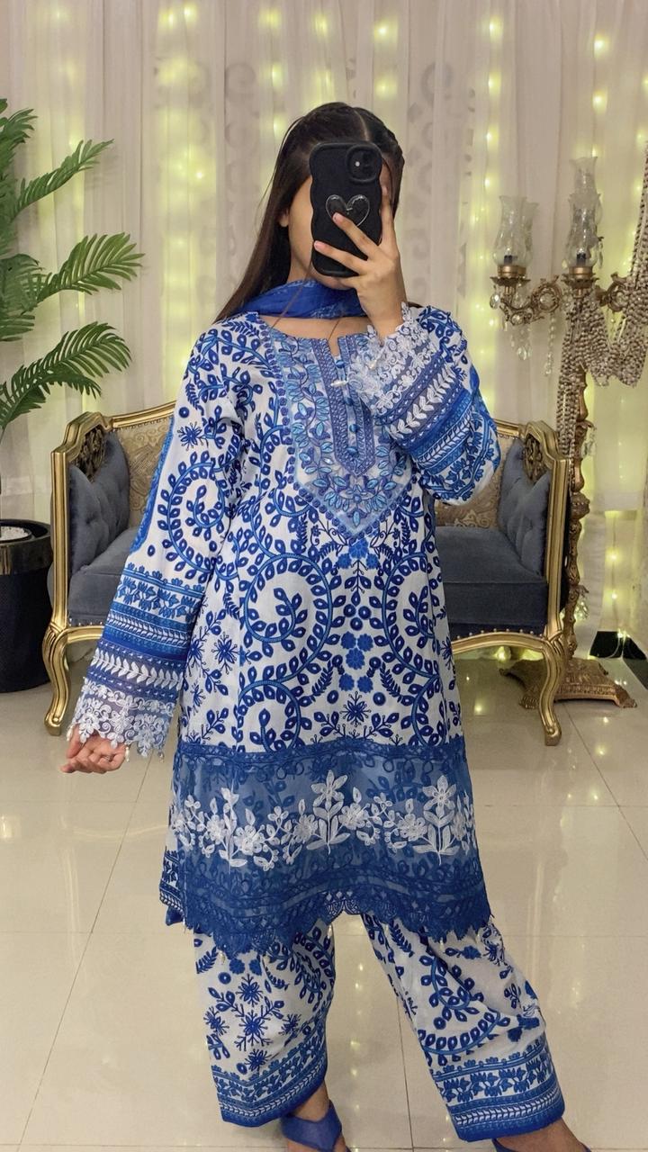 Embroidered Lawn Suit with Printed Chiffon Dupatta & Farshi Shalwar