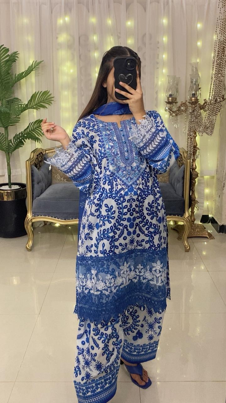 Embroidered Lawn Suit with Printed Chiffon Dupatta & Farshi Shalwar