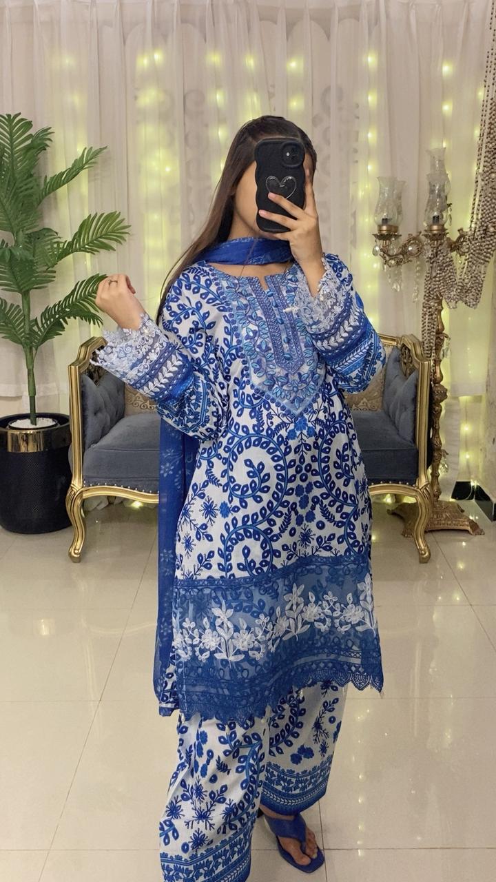 Embroidered Lawn Suit with Printed Chiffon Dupatta & Farshi Shalwar