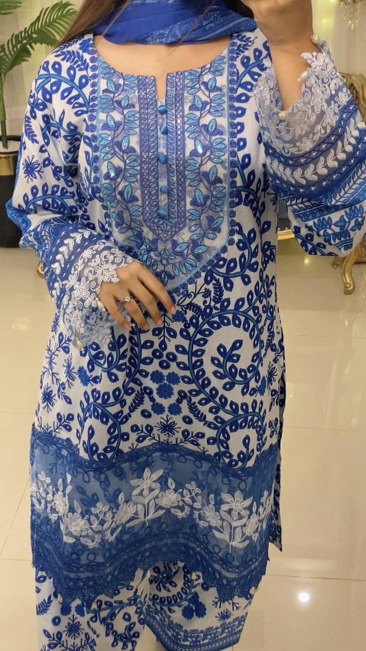 Embroidered Lawn Suit with Printed Chiffon Dupatta & Farshi Shalwar
