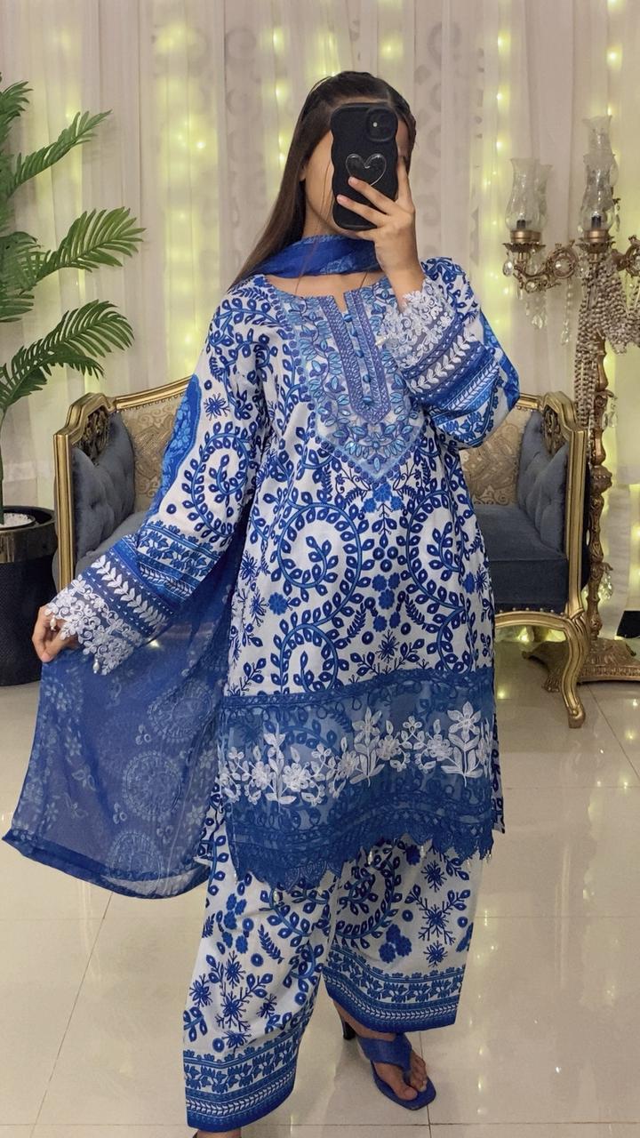 Embroidered Lawn Suit with Printed Chiffon Dupatta & Farshi Shalwar