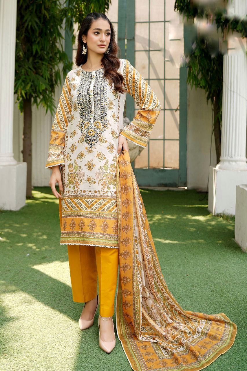 Embroidered Lawn Suit with Golden Printed Lawn Dupatta 3 Piece