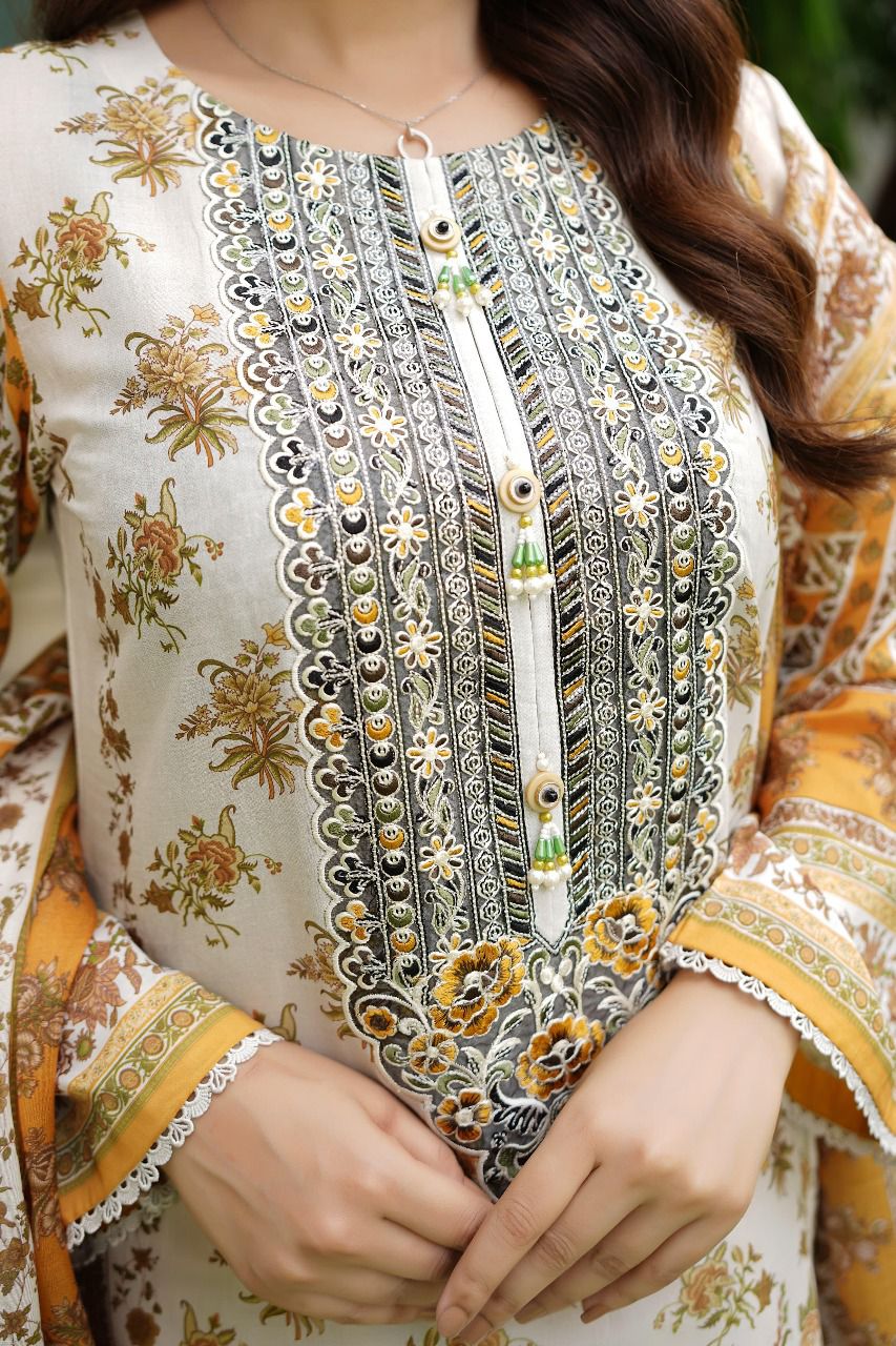 Embroidered Lawn Suit with Golden Printed Lawn Dupatta 3 Piece
