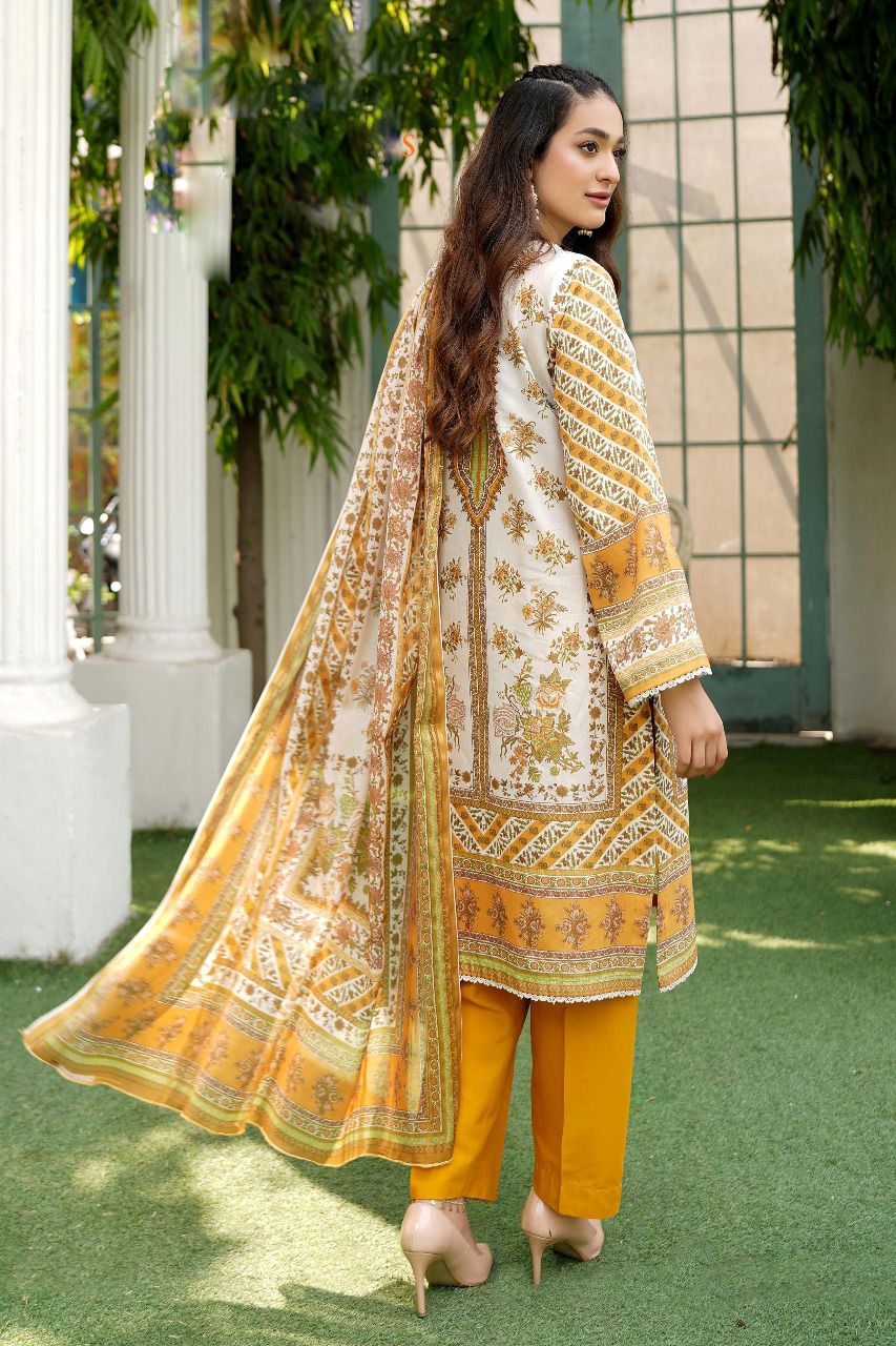 Embroidered Lawn Suit with Golden Printed Lawn Dupatta 3 Piece